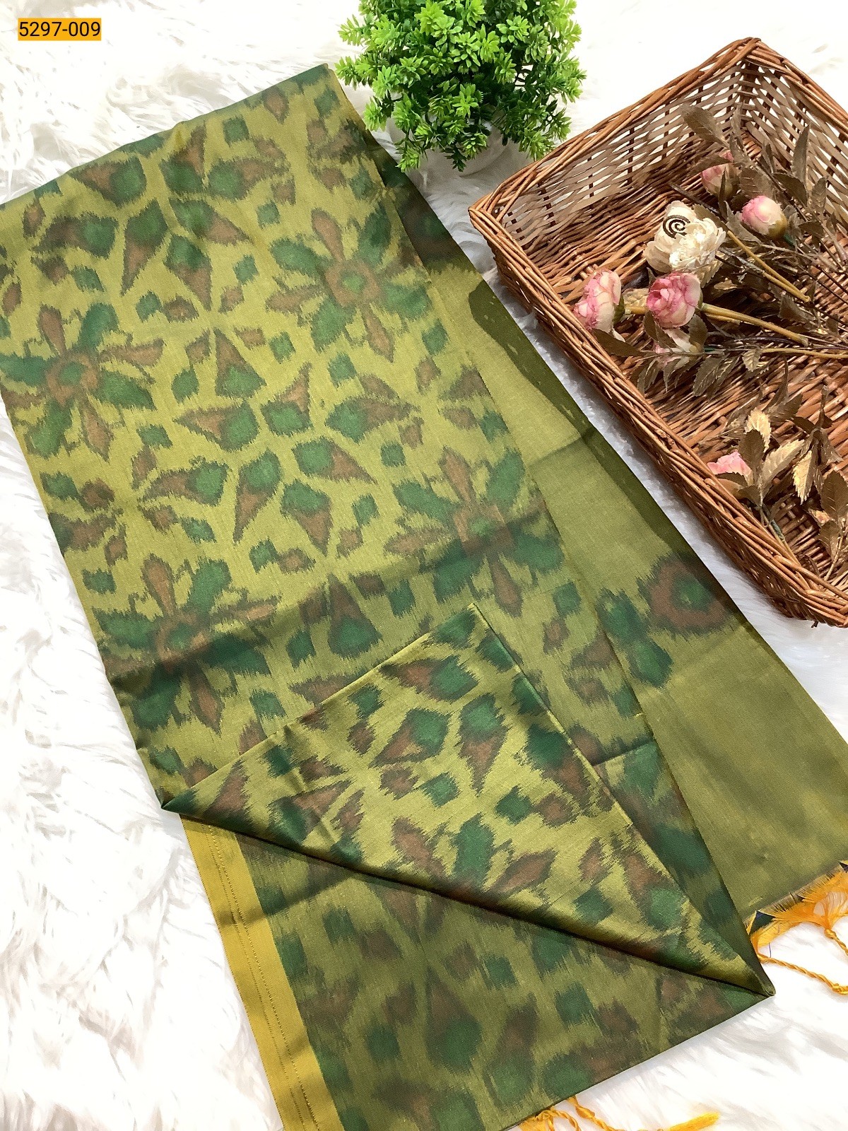 Olive Green Pochampally Ikkat Print Soft Silk Saree