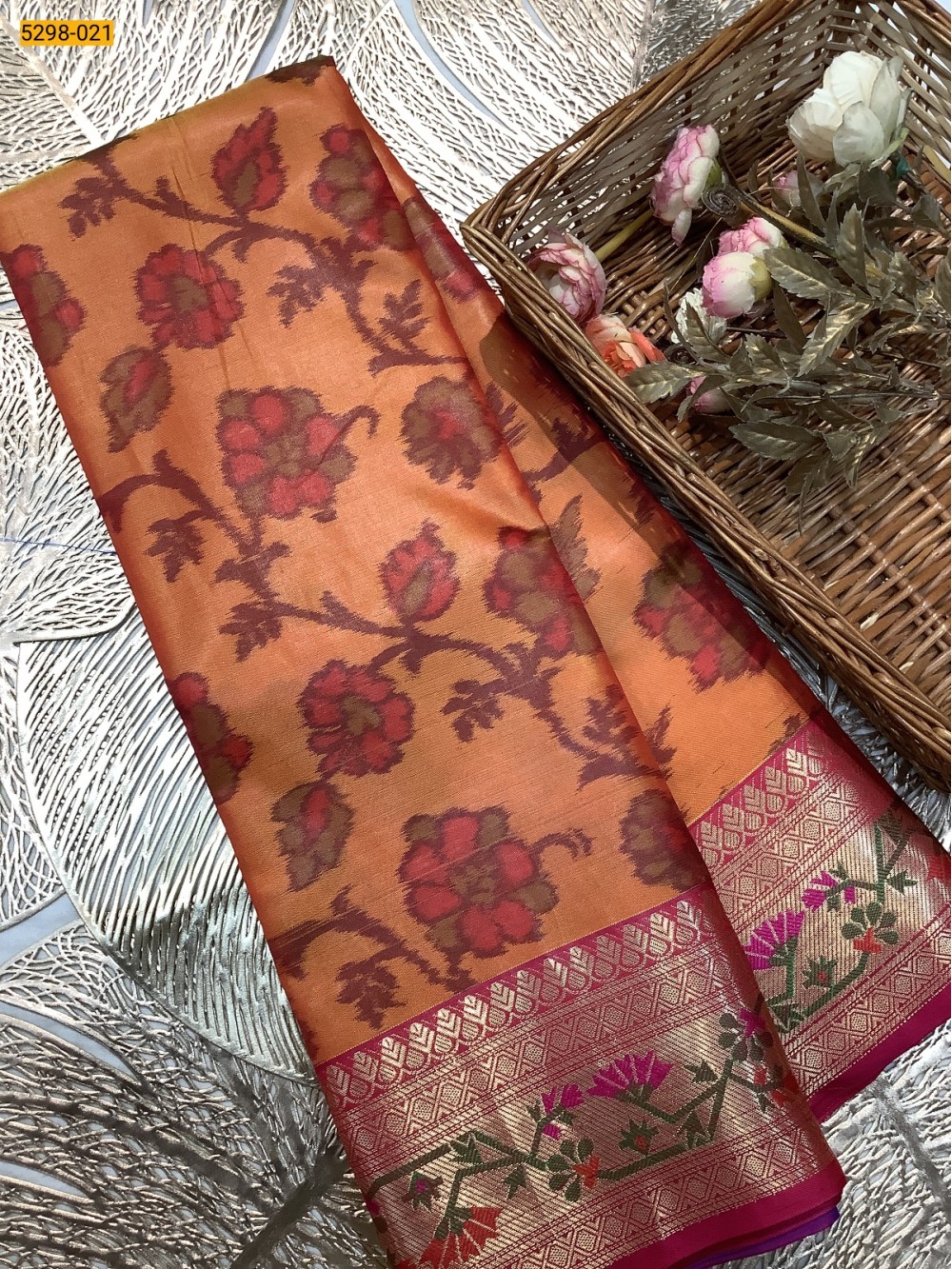 Orange Pochampally Ikkat Print Soft Silk Saree