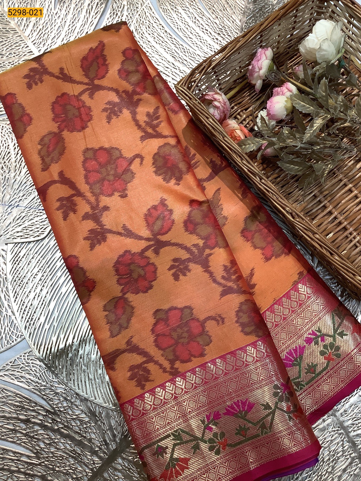 Orange Pochampally Ikkat Print Soft Silk Saree