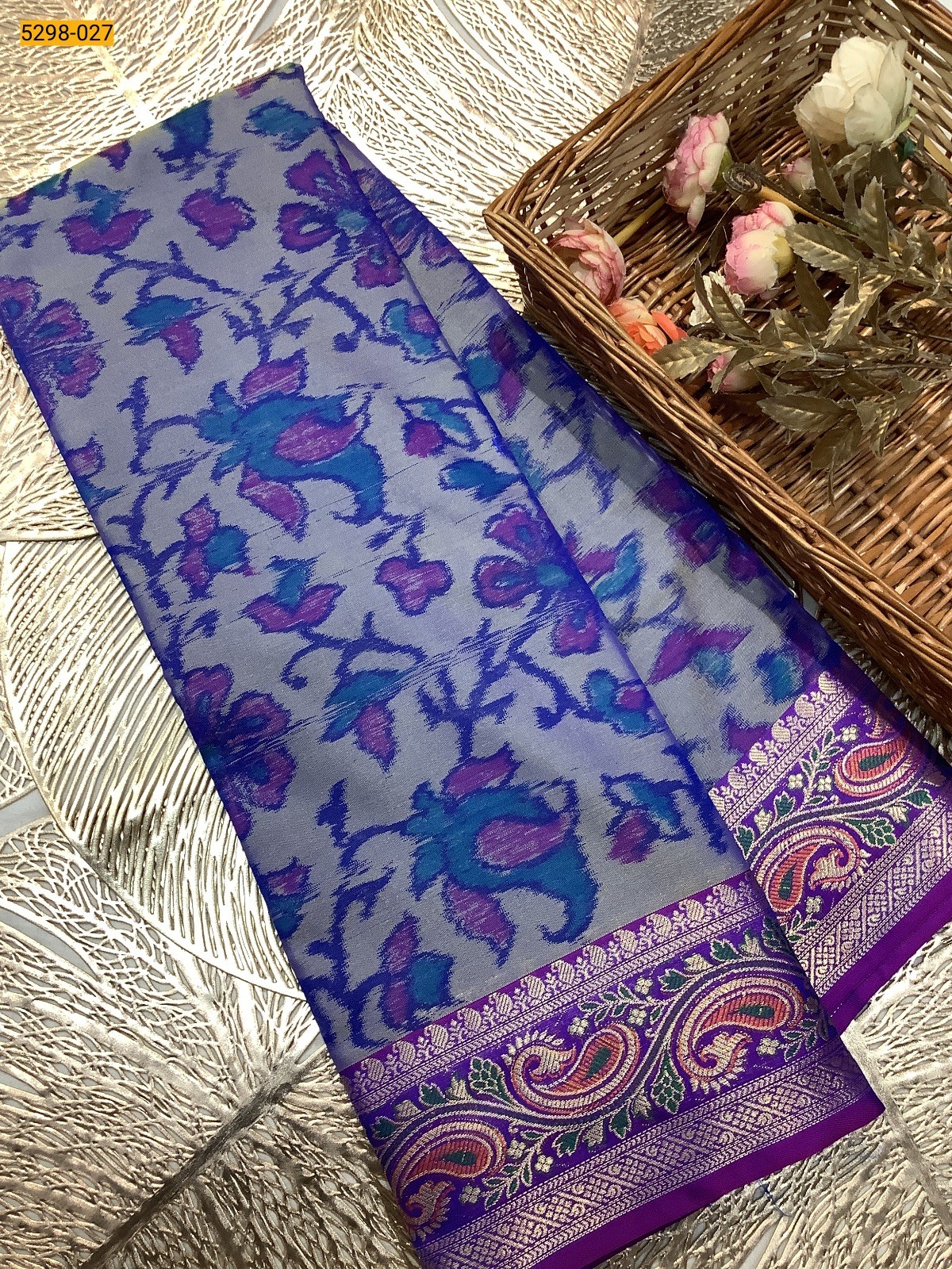 Blue Pochampally Ikkat Print Soft Silk Saree