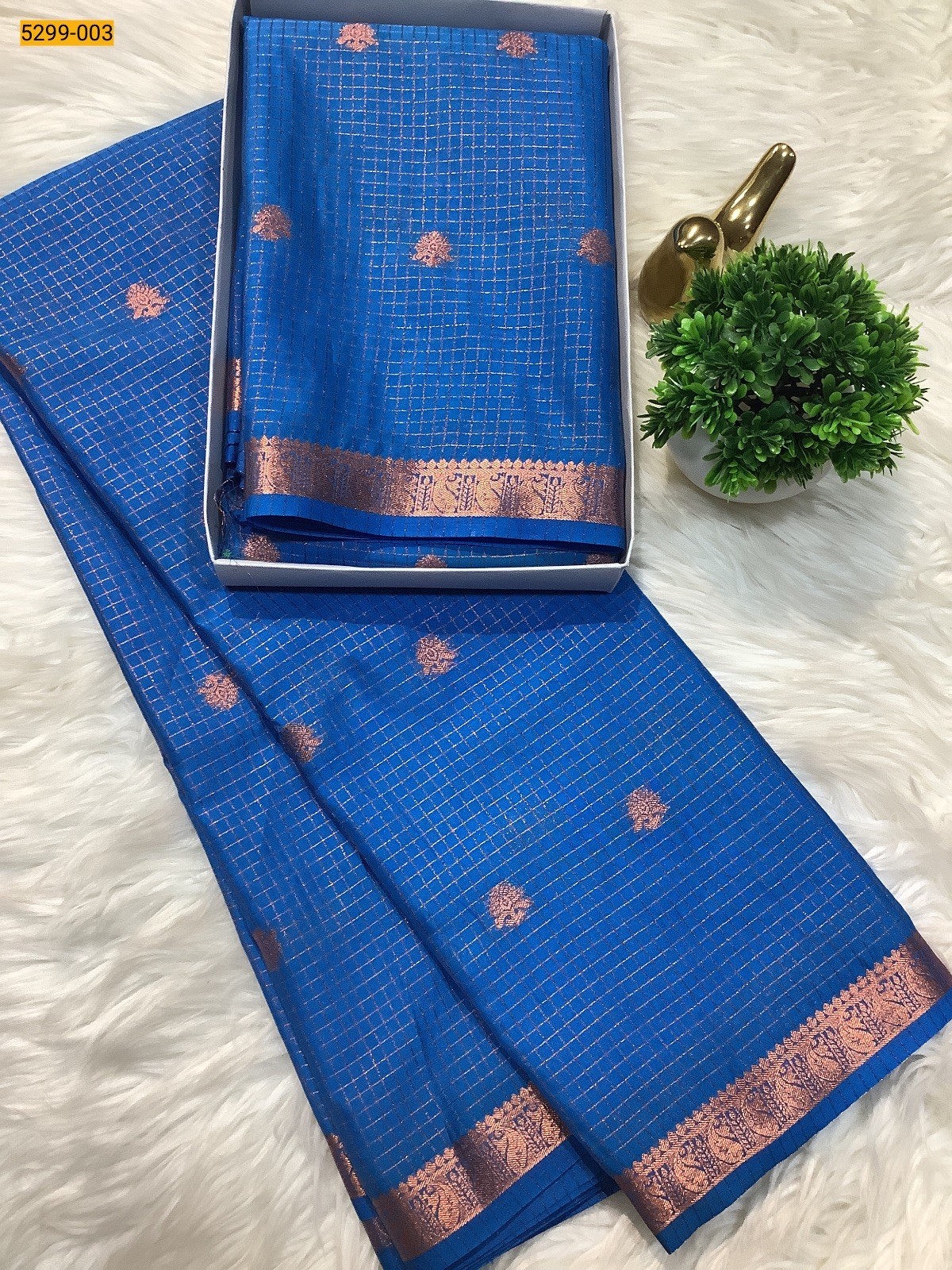 Sky Blue Fancy Mysore Crepe Silk Checked Butta Saree