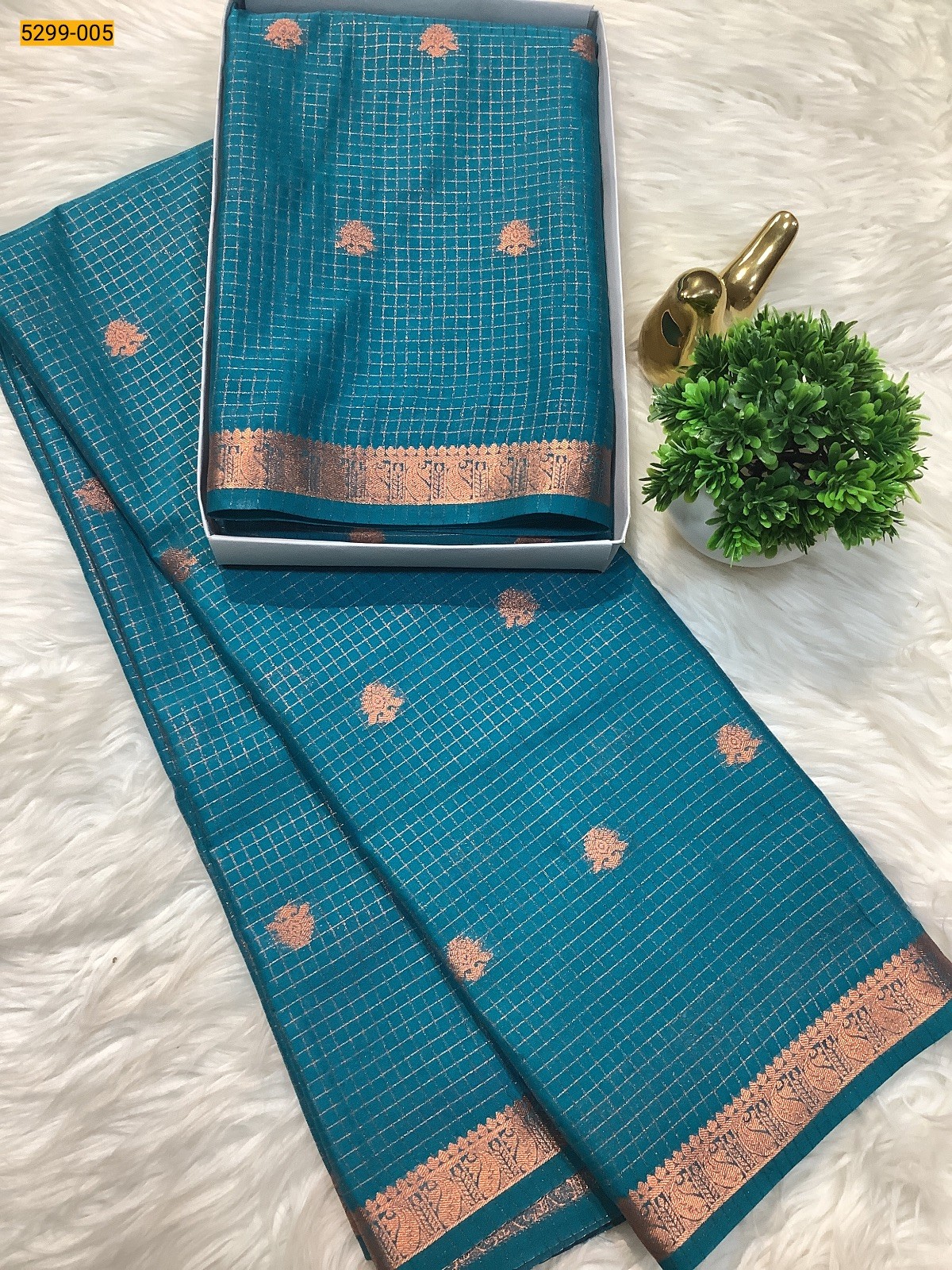 Rama Blue Fancy Mysore Crepe Silk Checked Butta Saree