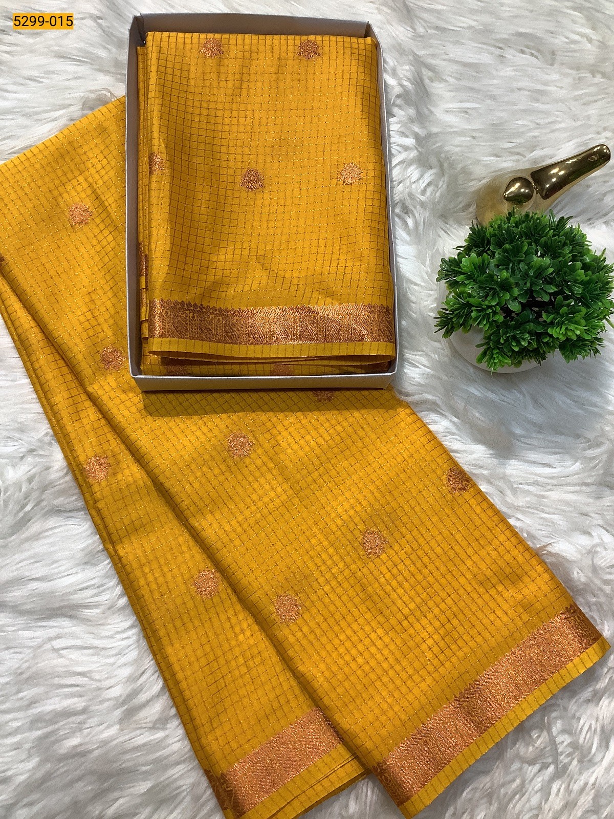 Yellow Fancy Mysore Crepe Silk Checked Butta Saree