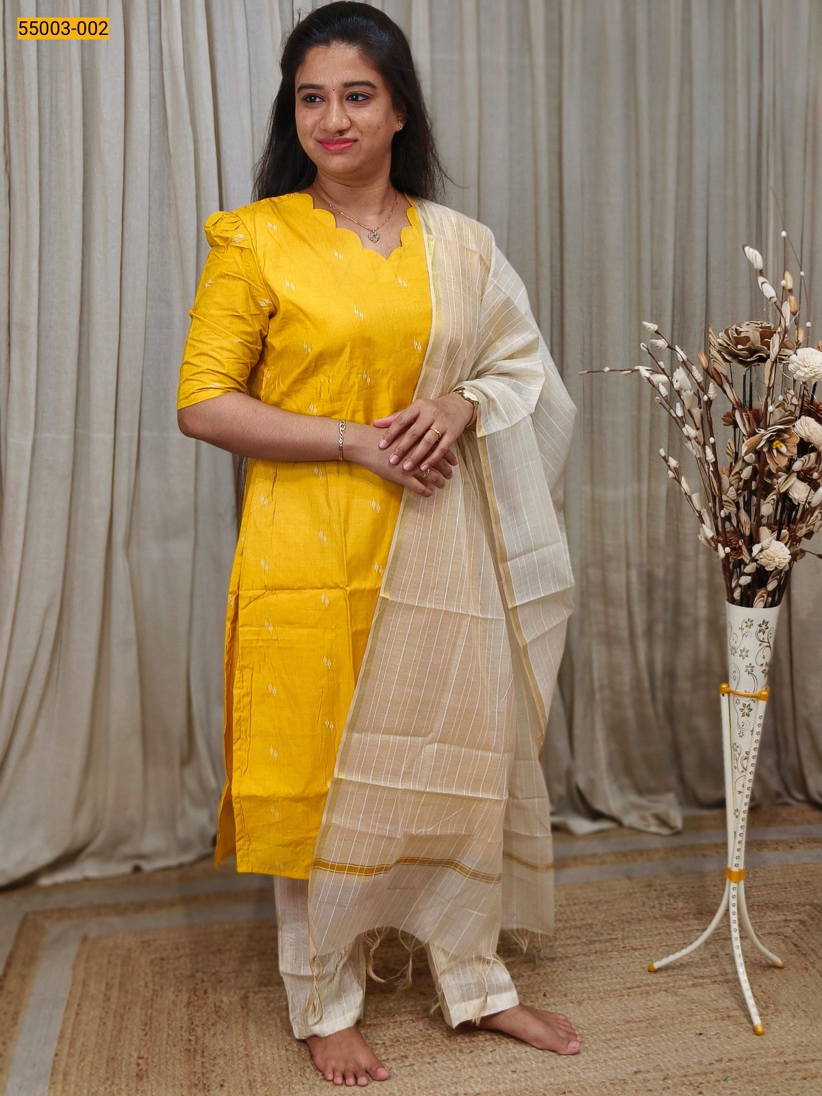 Yellow Handloom Stiched Cotton 3 Piece Suit Set 