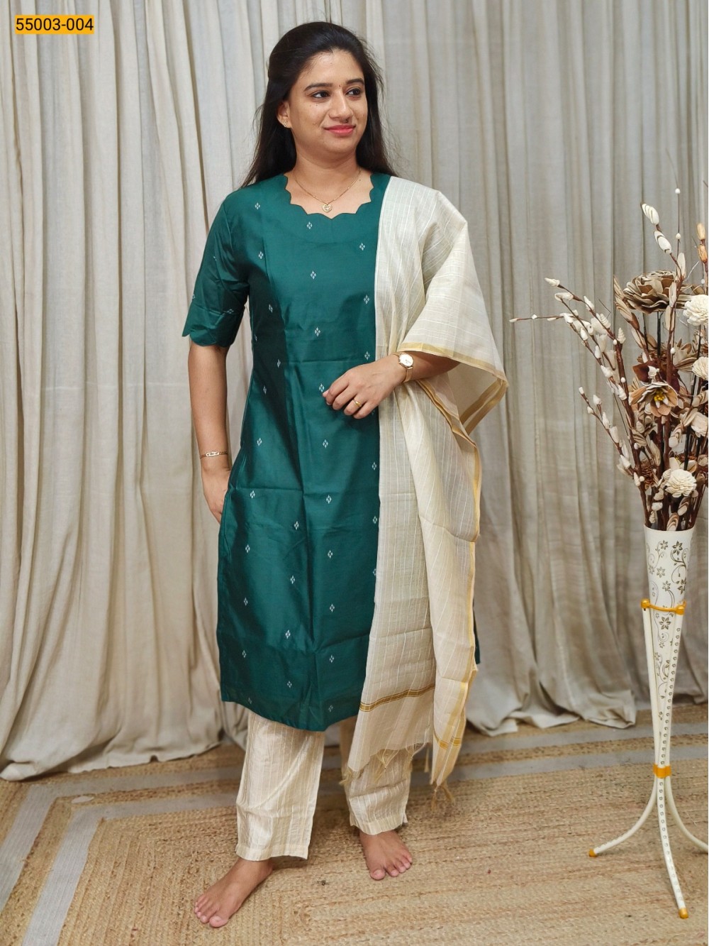 Green Handloom Stiched Cotton 3 Piece Suit Set 