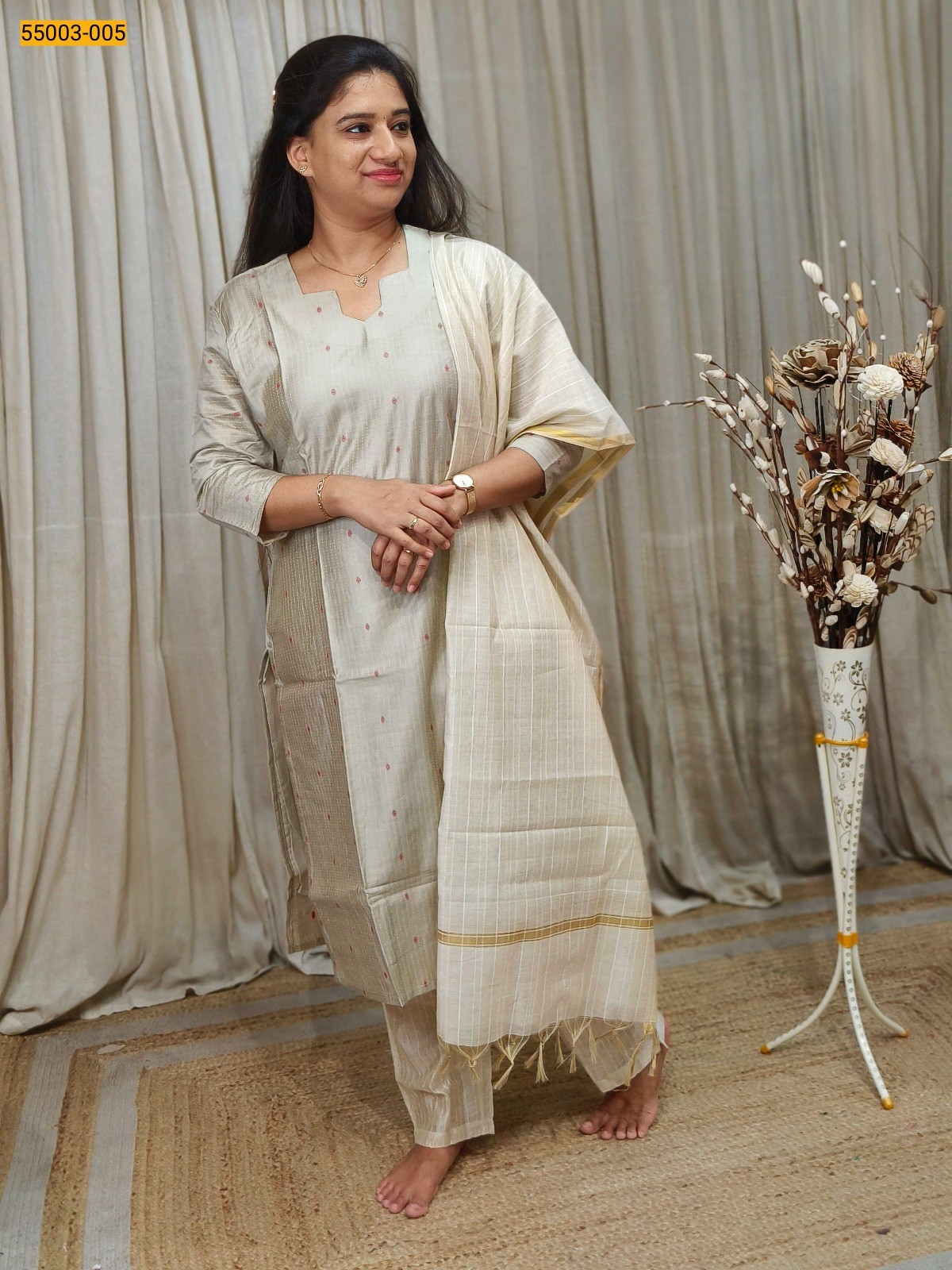 Gray Handloom Stiched Cotton 3 Piece Suit Set 