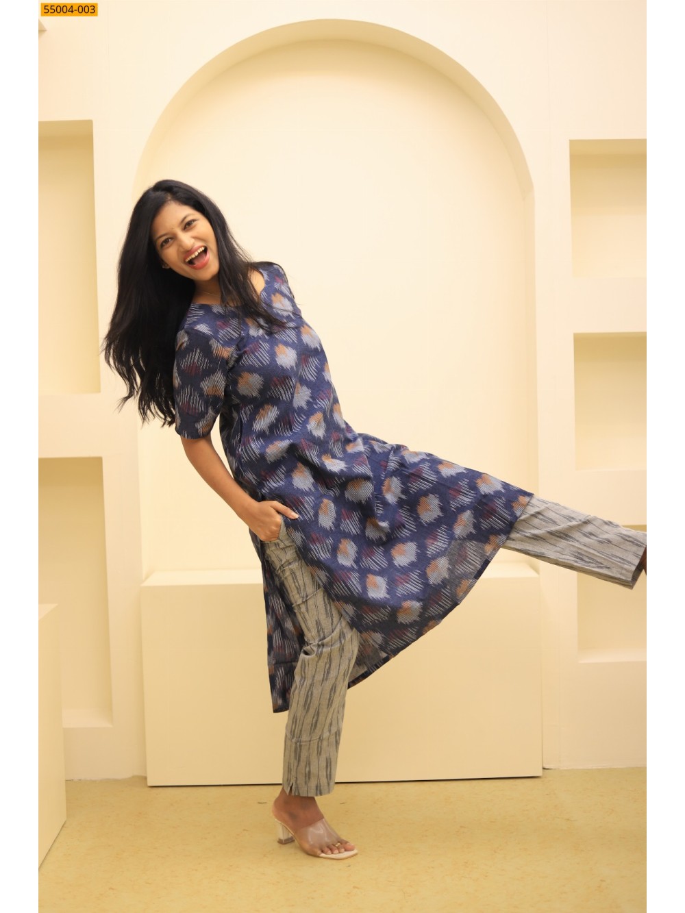 Navy Handloom Ikkat Stiched Co-ord Set Navy Handloom Ikkat Stiched Co-ord Set