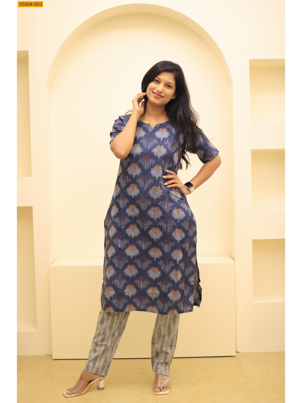 Navy Handloom Ikkat Stiched Co-ord Set Navy Handloom Ikkat Stiched Co-ord Set