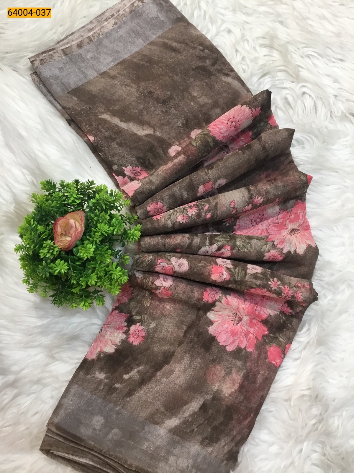 Brown with yellow Linen cotton printed sarees