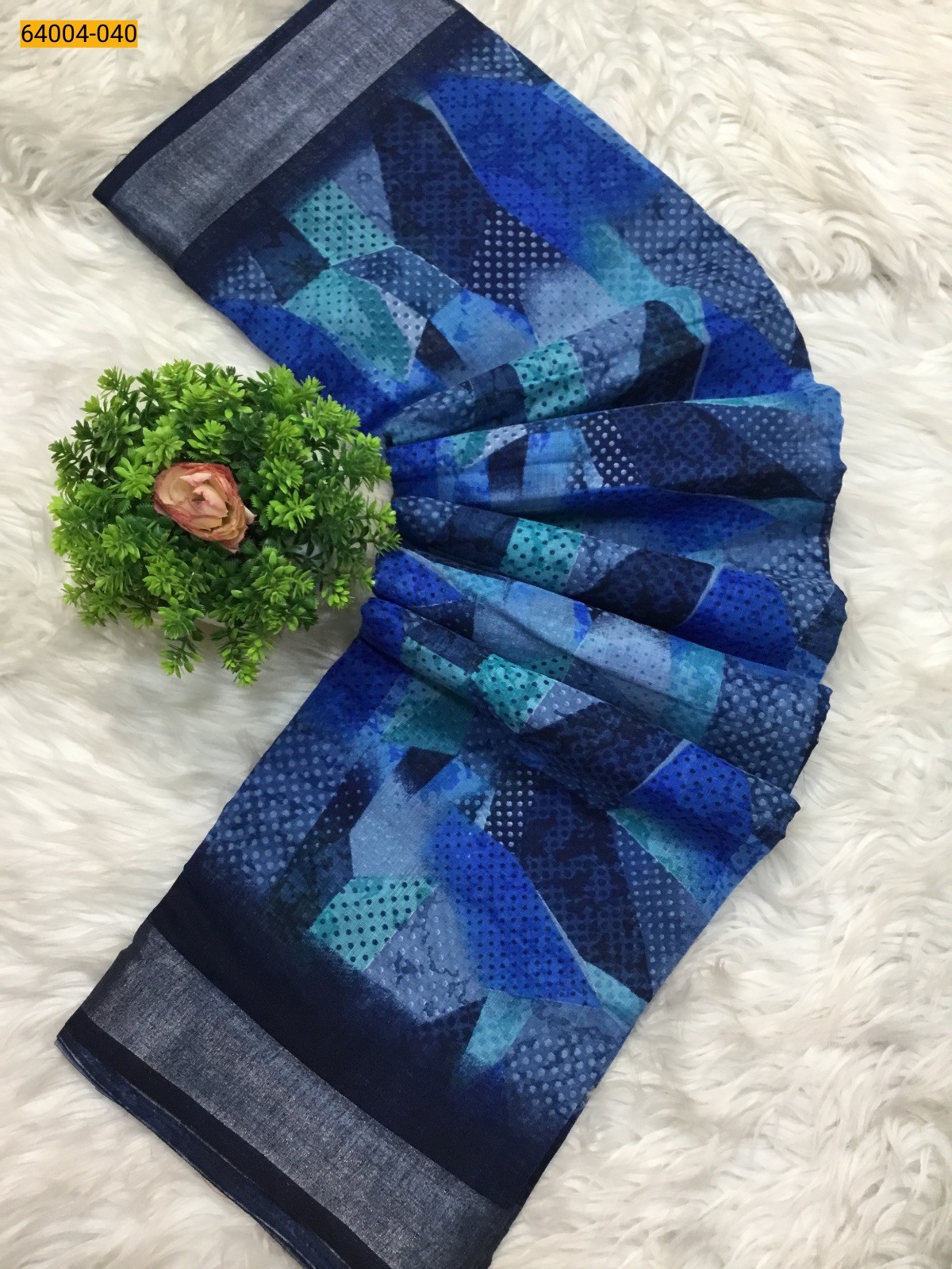 Gray With Blue Linen cotton printed sarees