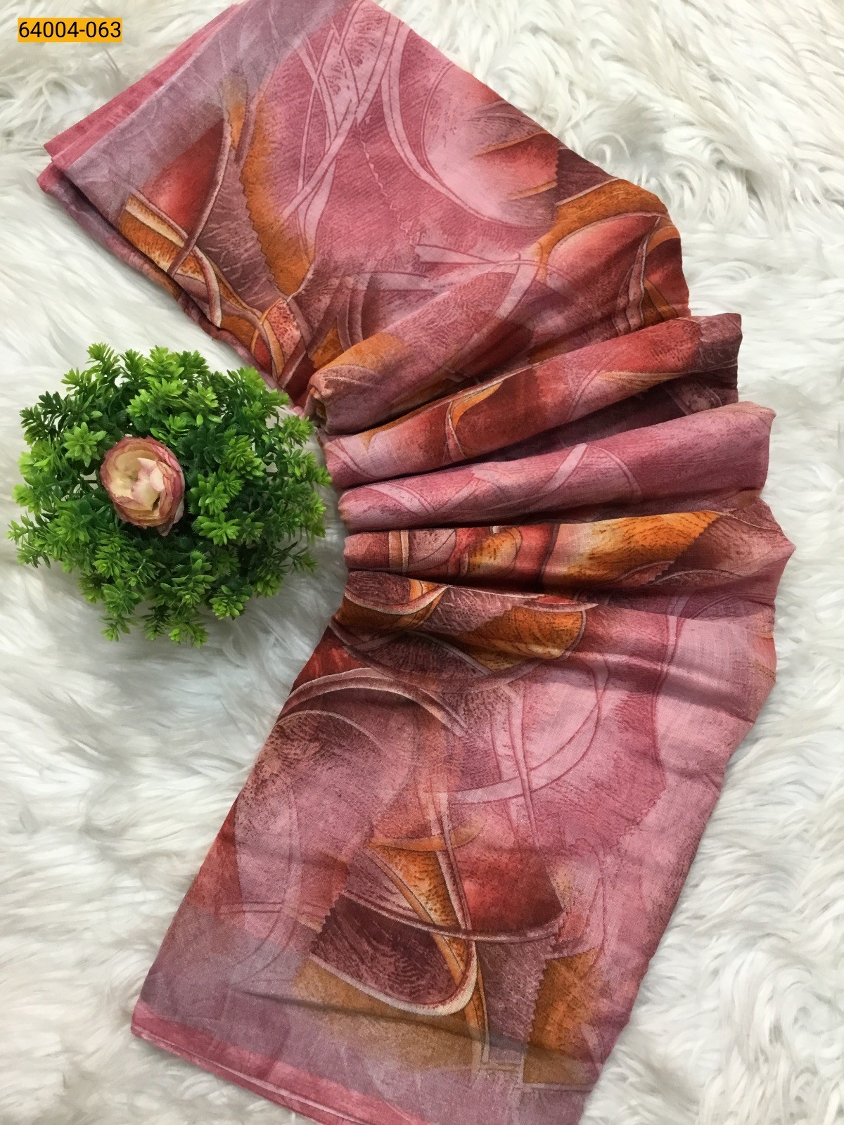 Peach Linen cotton printed sarees