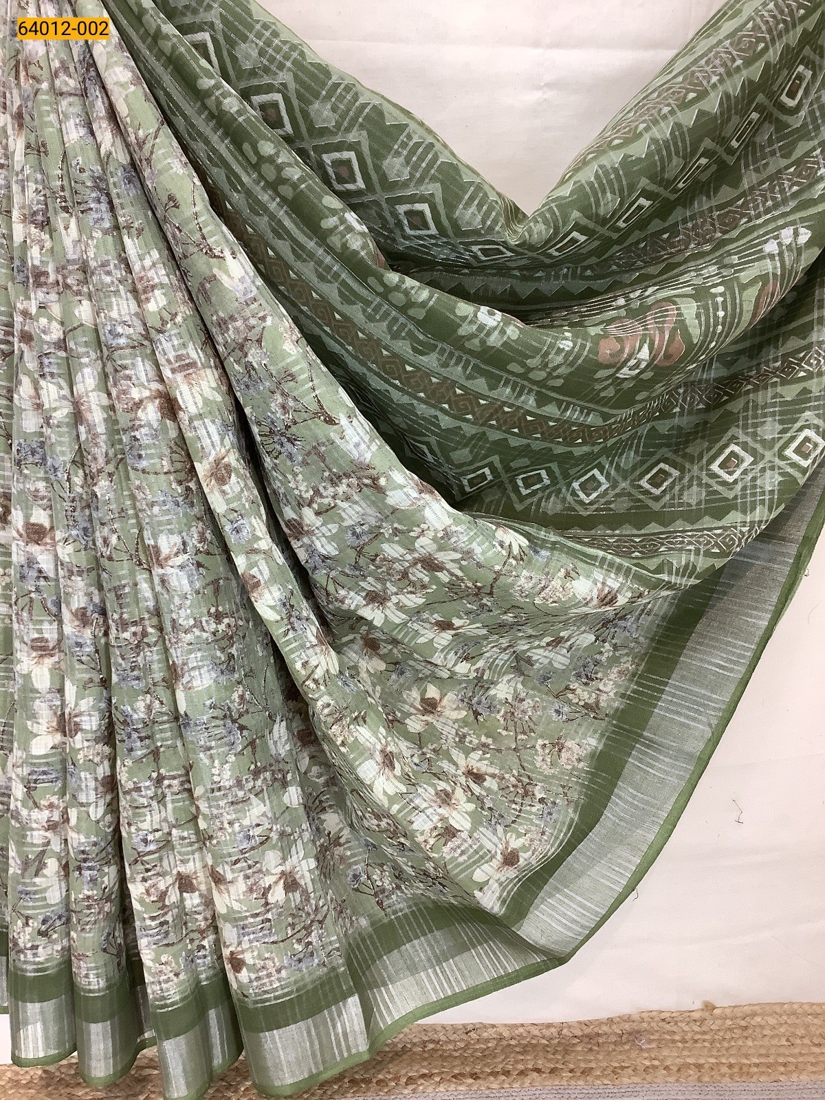 Green Digital Printed Fancy Linen Cotton Saree