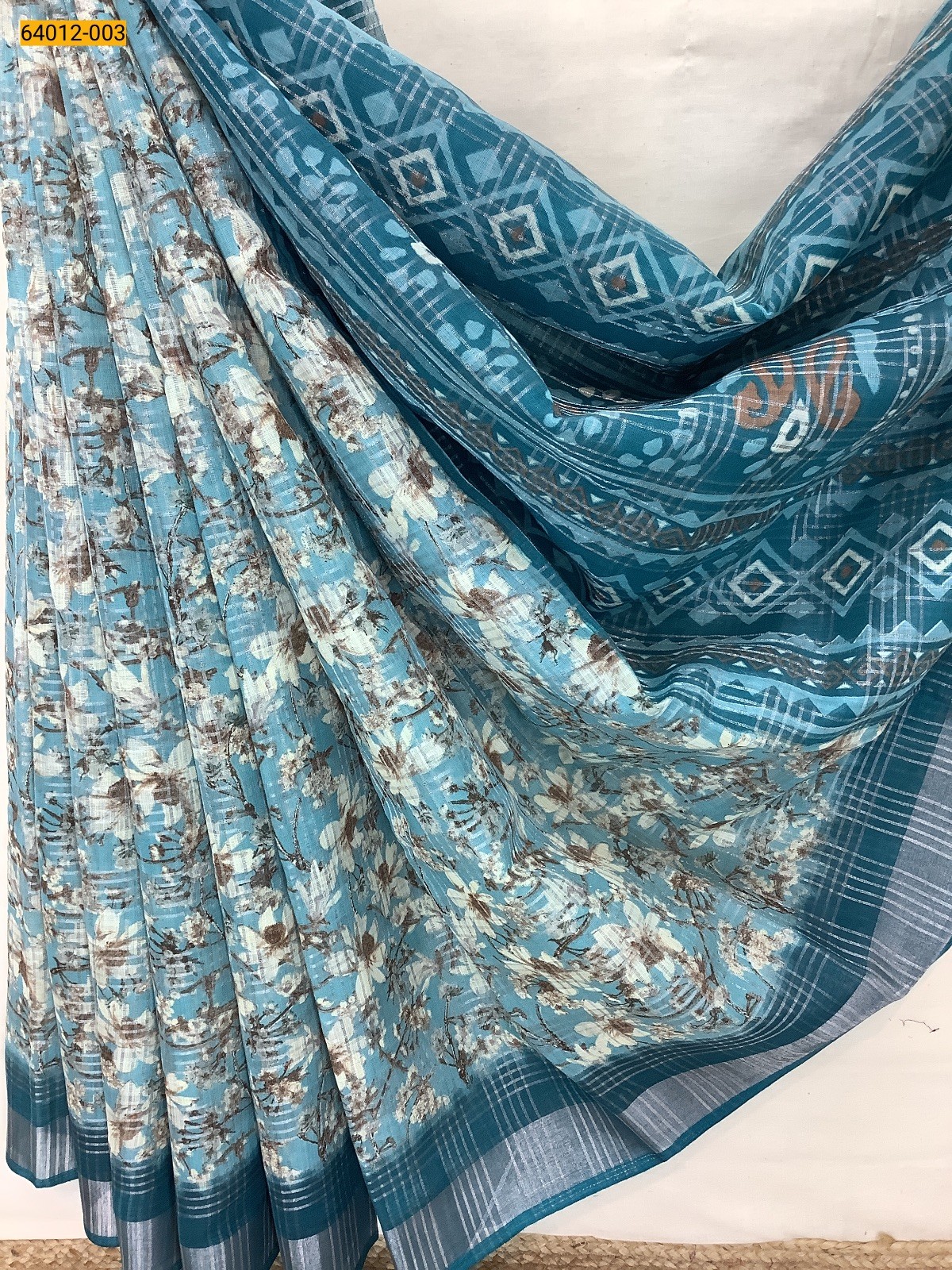 Sky Blue  Digital Printed Fancy Linen Cotton Saree