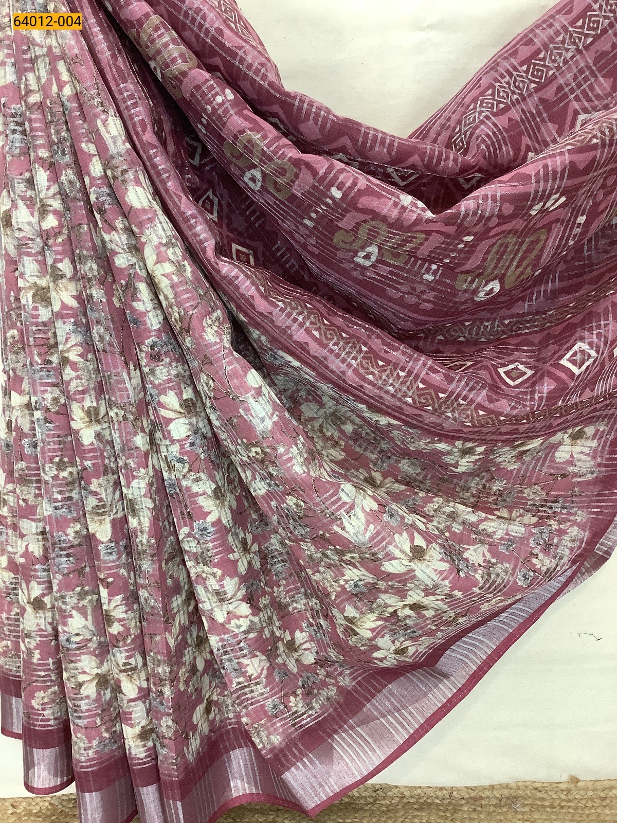 Pink Digital Printed Fancy Linen Cotton Saree