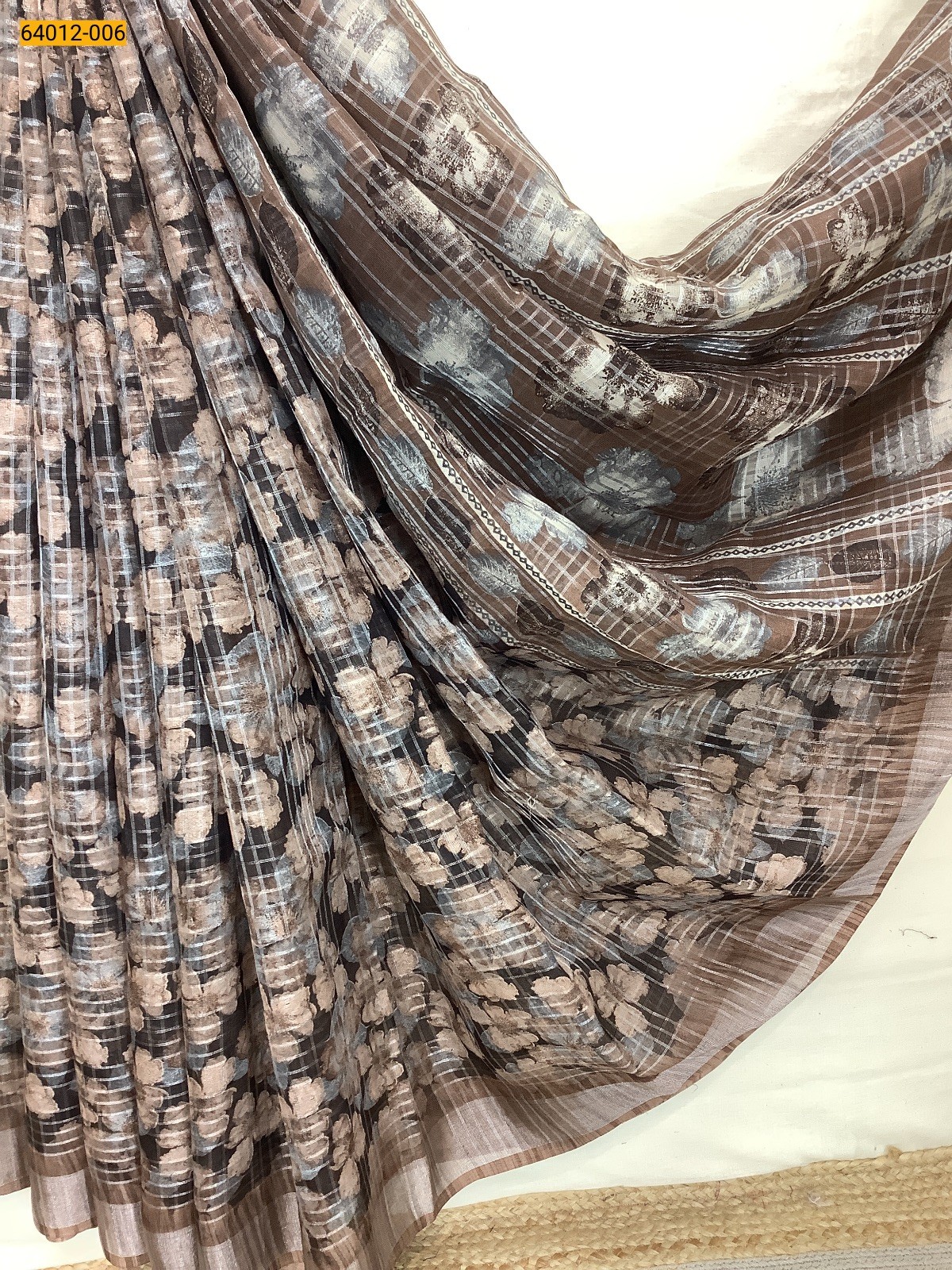 Brown Digital Printed Fancy Linen Cotton Saree