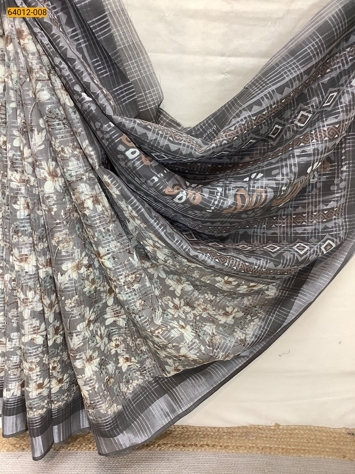 Light Gray Digital Printed Fancy Linen Cotton Saree