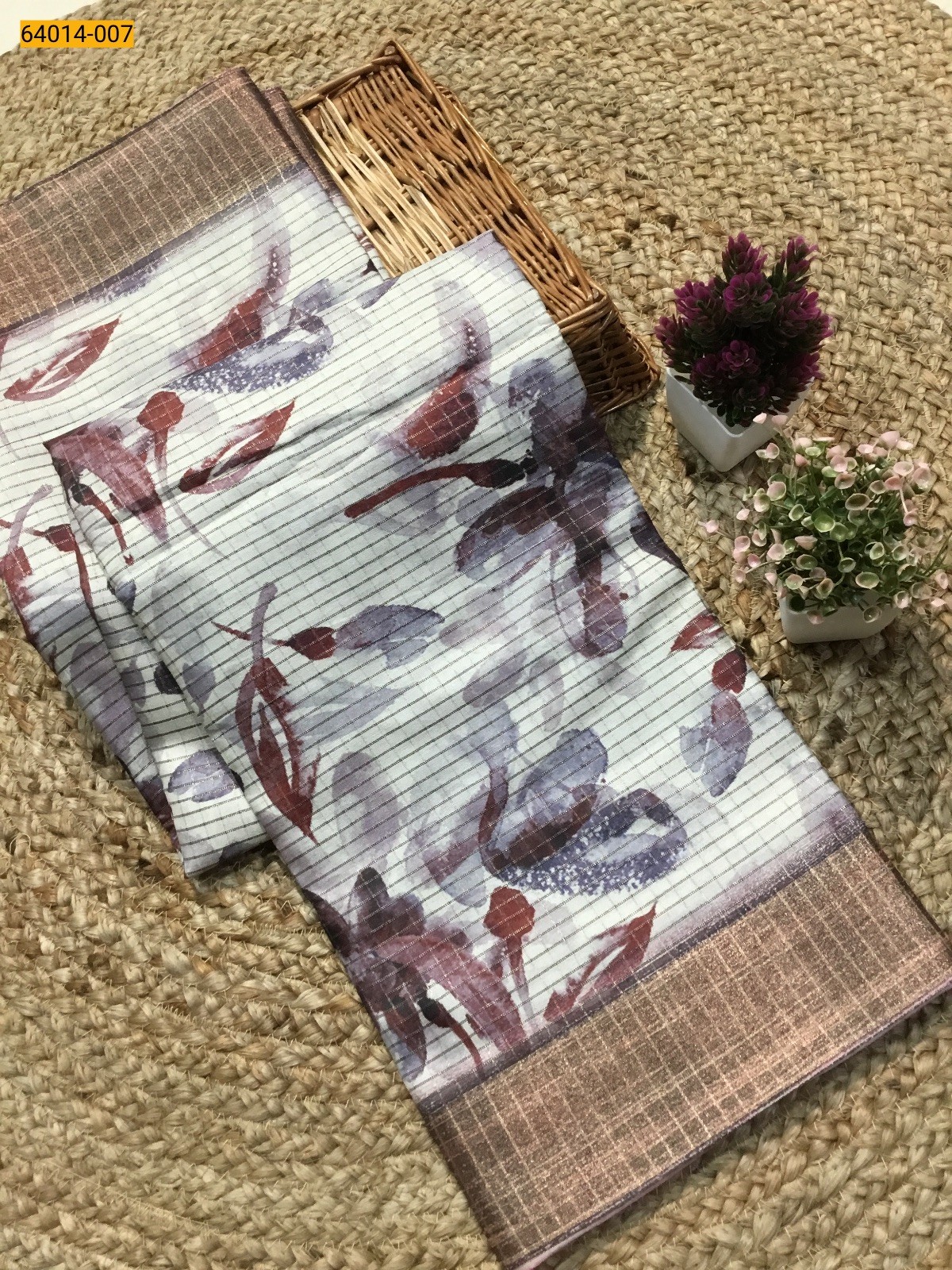 White With Violet Fancy Printed Silk Saree