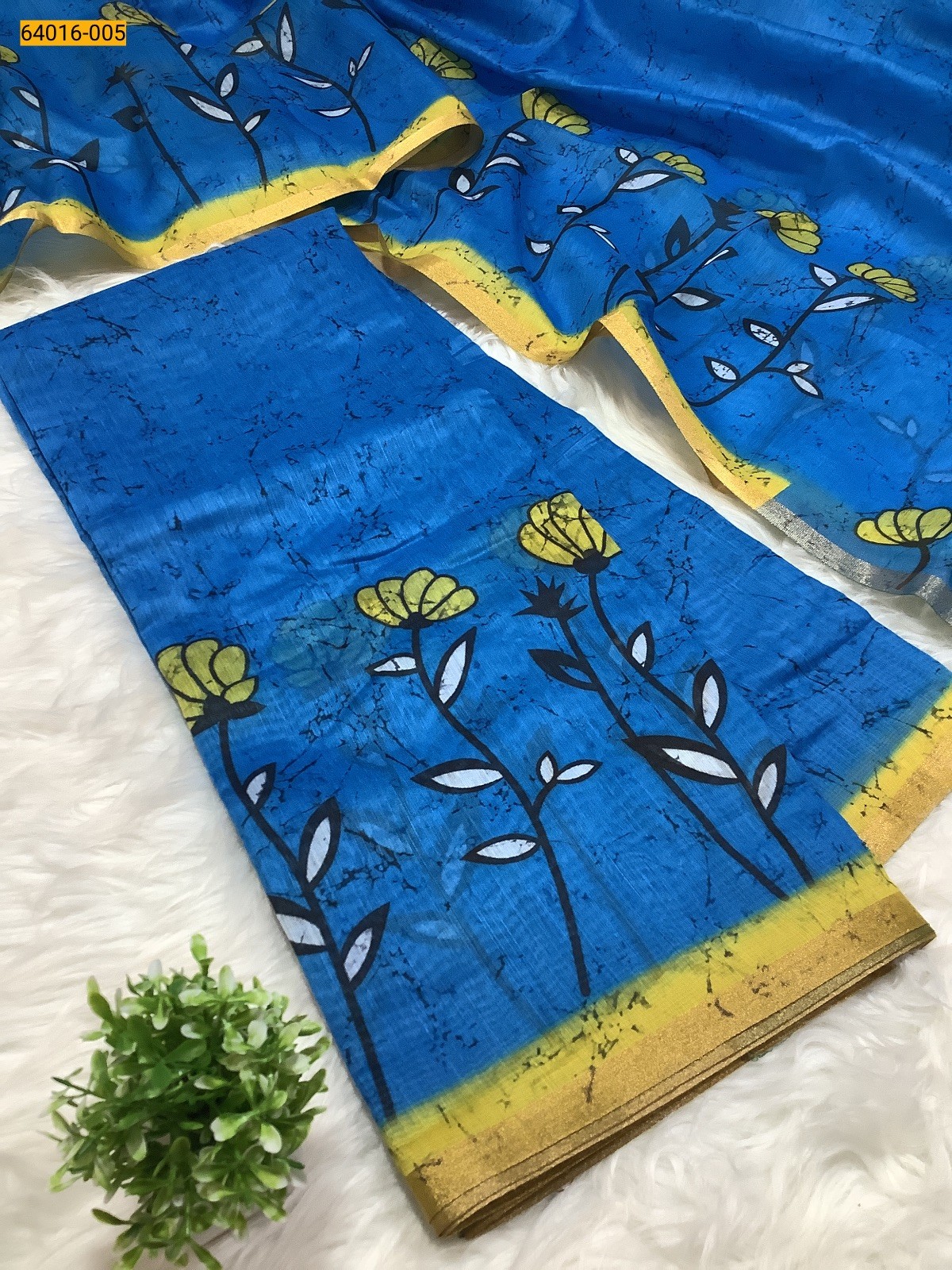 Blue Bagru Style Printed Fancy Linen Cotton Silk Blended Saree