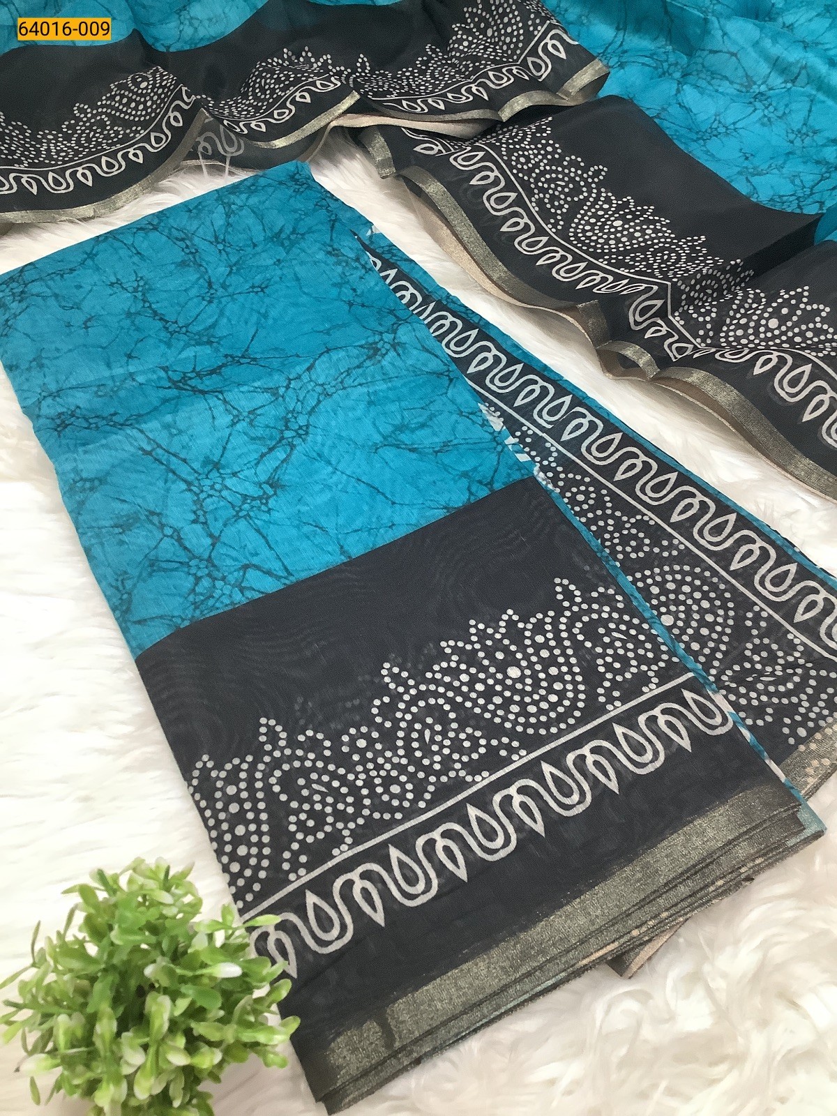 Blue Bagru Style Printed Fancy Linen Cotton Silk Blended Saree