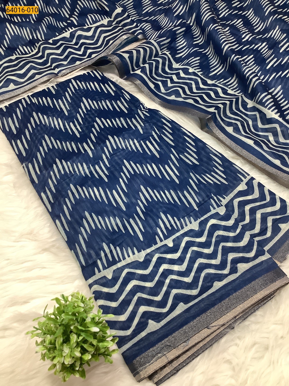 Blue Bagru Style Printed Fancy Linen Cotton Silk Blended Saree