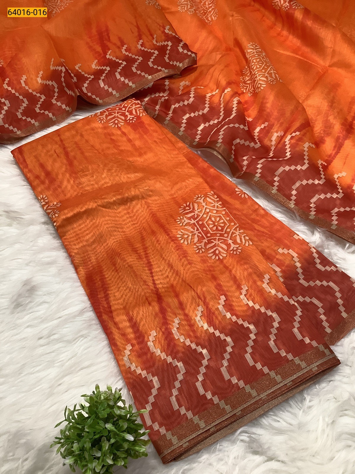 Orange Bagru Style Printed Fancy Linen Cotton Silk Blended Saree