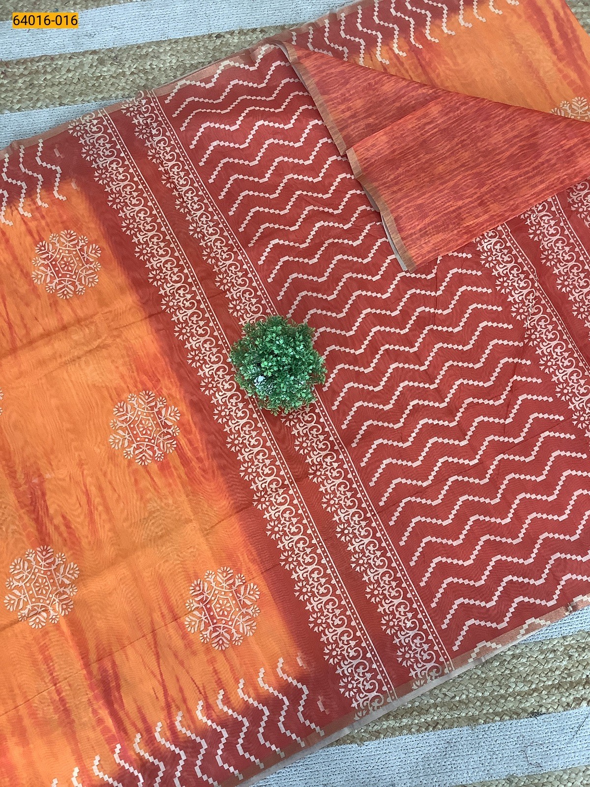 Orange Bagru Style Printed Fancy Linen Cotton Silk Blended Saree