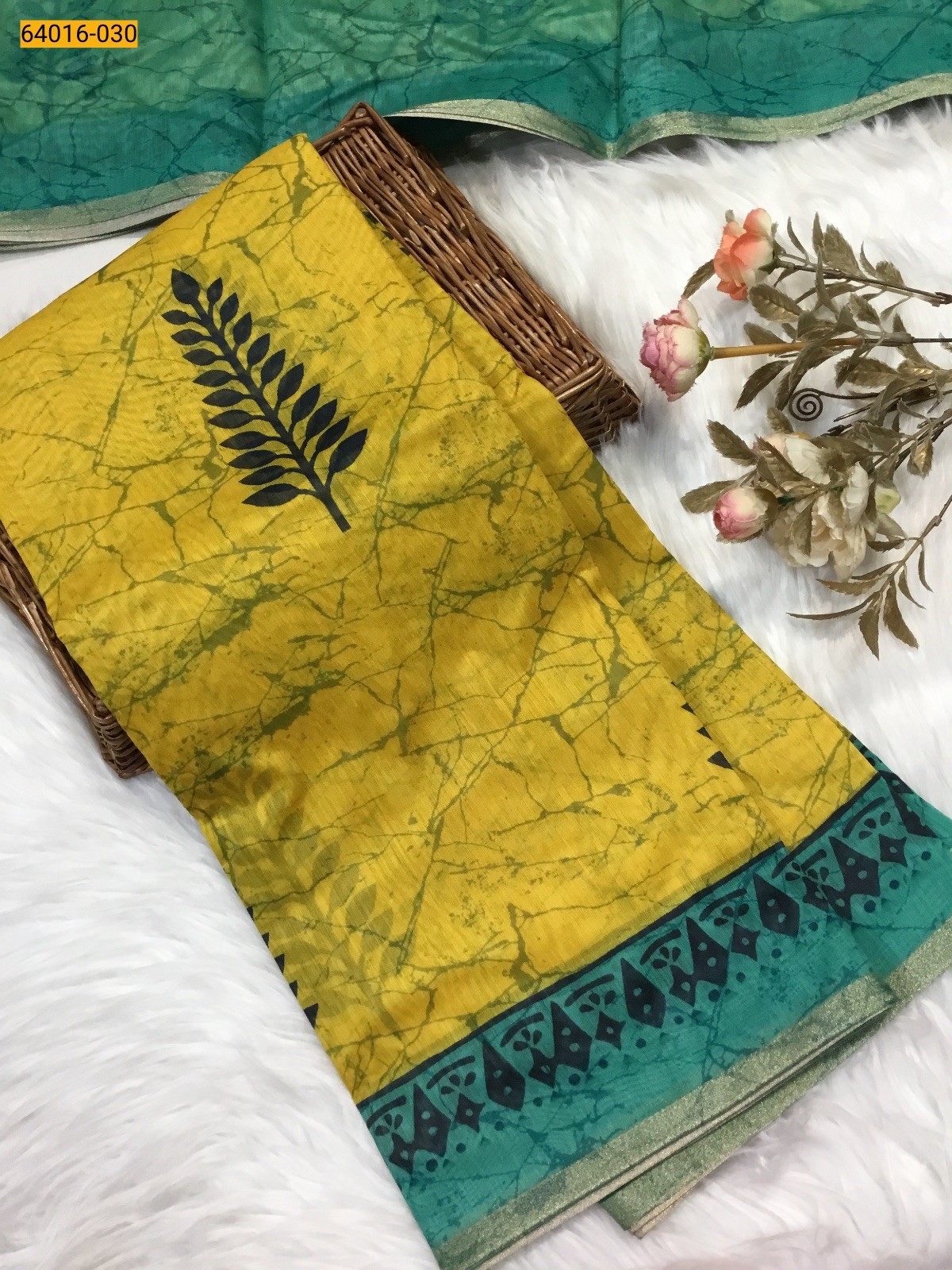 Yellow Bagru Style Printed Fancy Linen Cotton Silk Blended Saree
