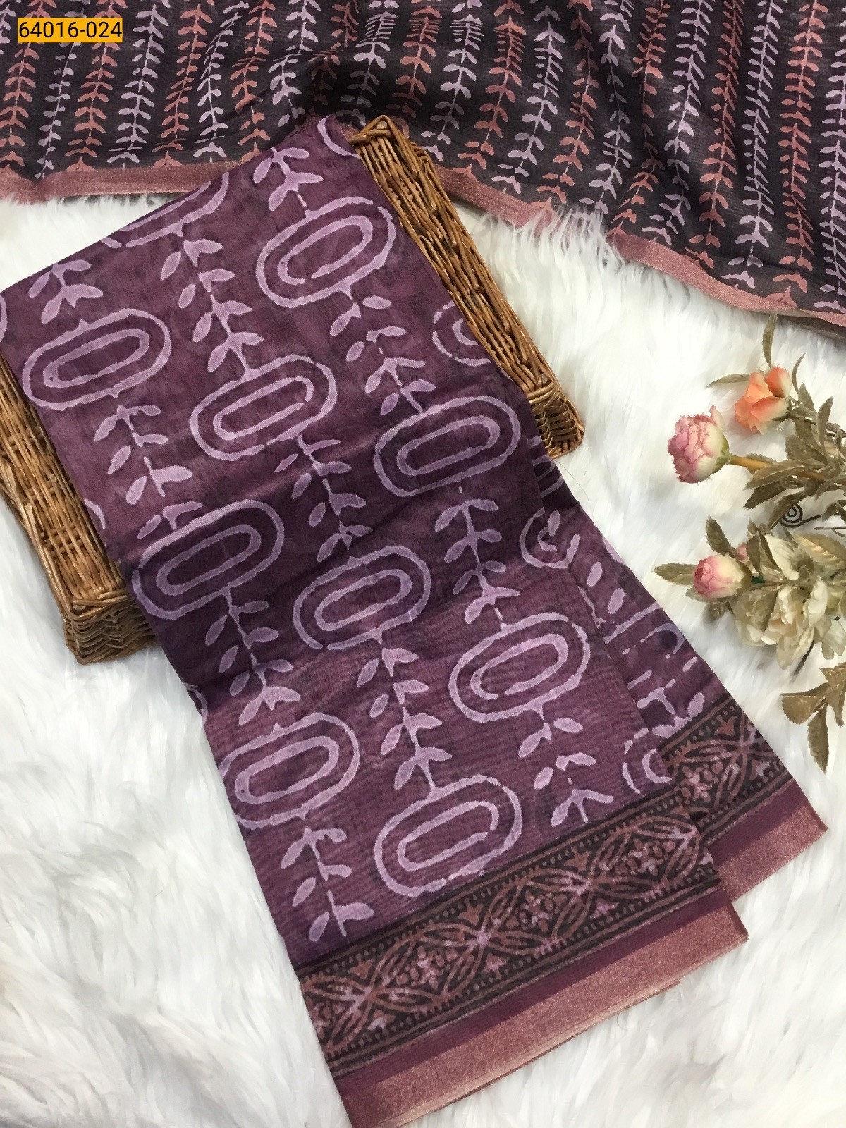 Purple Bagru Style Printed Fancy Linen Cotton Silk Blended Saree