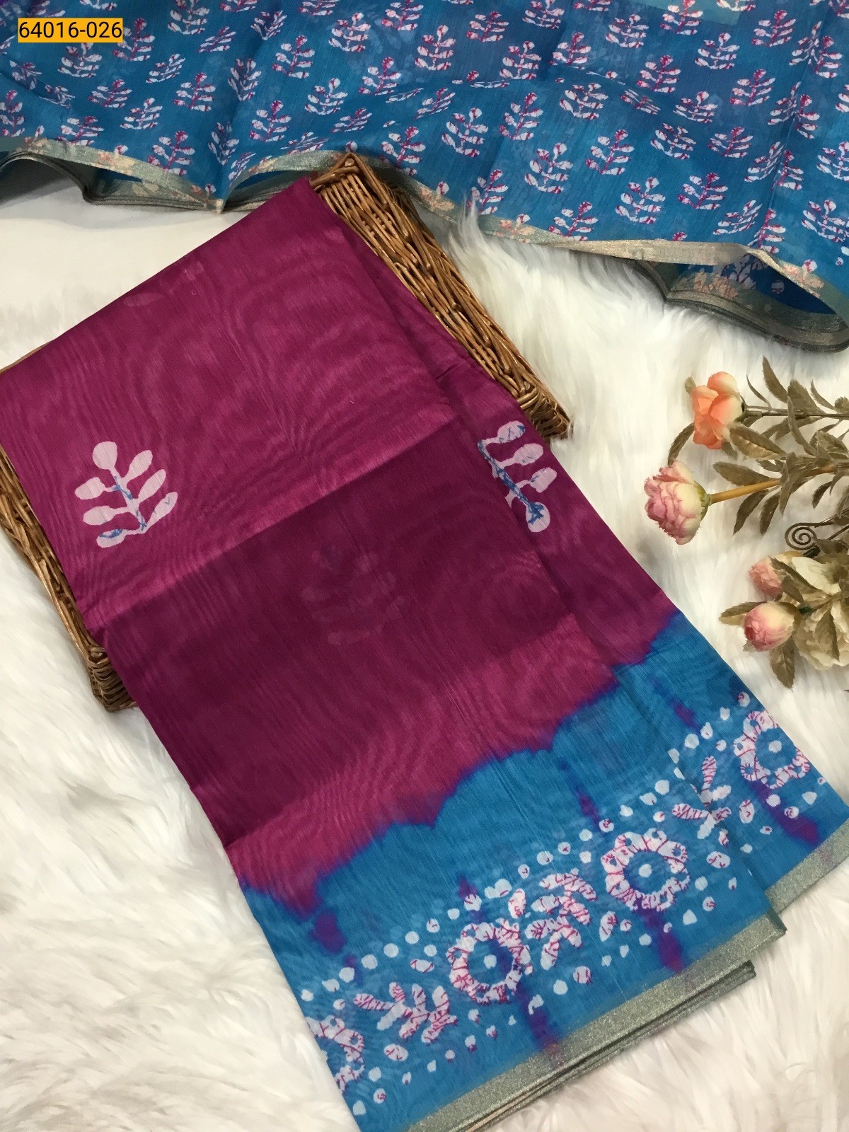 Magenta Bagru Style Printed Fancy Linen Cotton Silk Blended Saree