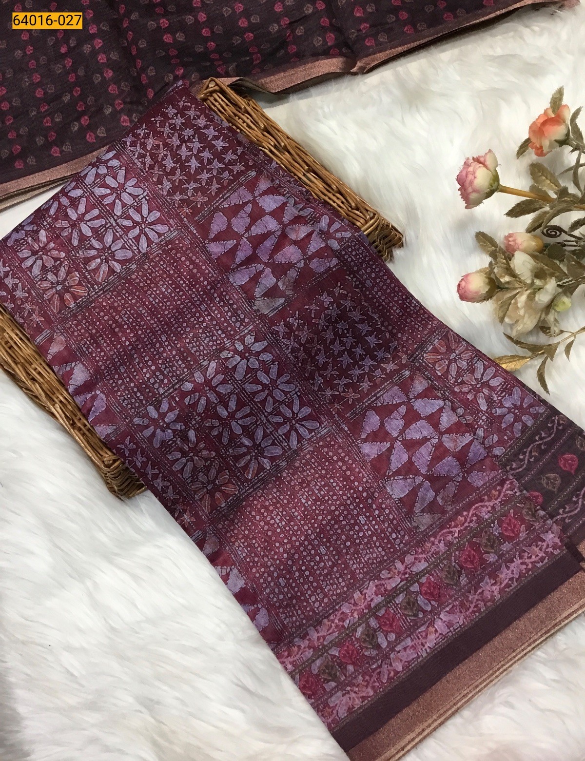 Onion Pink Bagru Style Printed Fancy Linen Cotton Silk Blended Saree