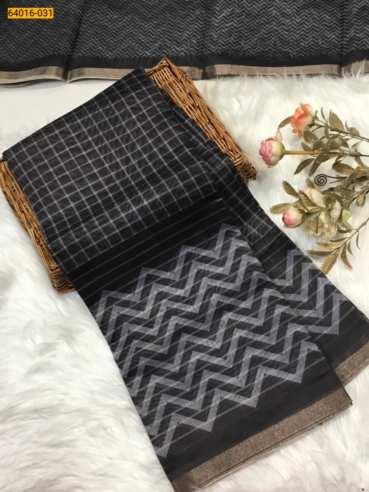 Black Bagru Style Printed Fancy Linen Cotton Silk Blended Saree