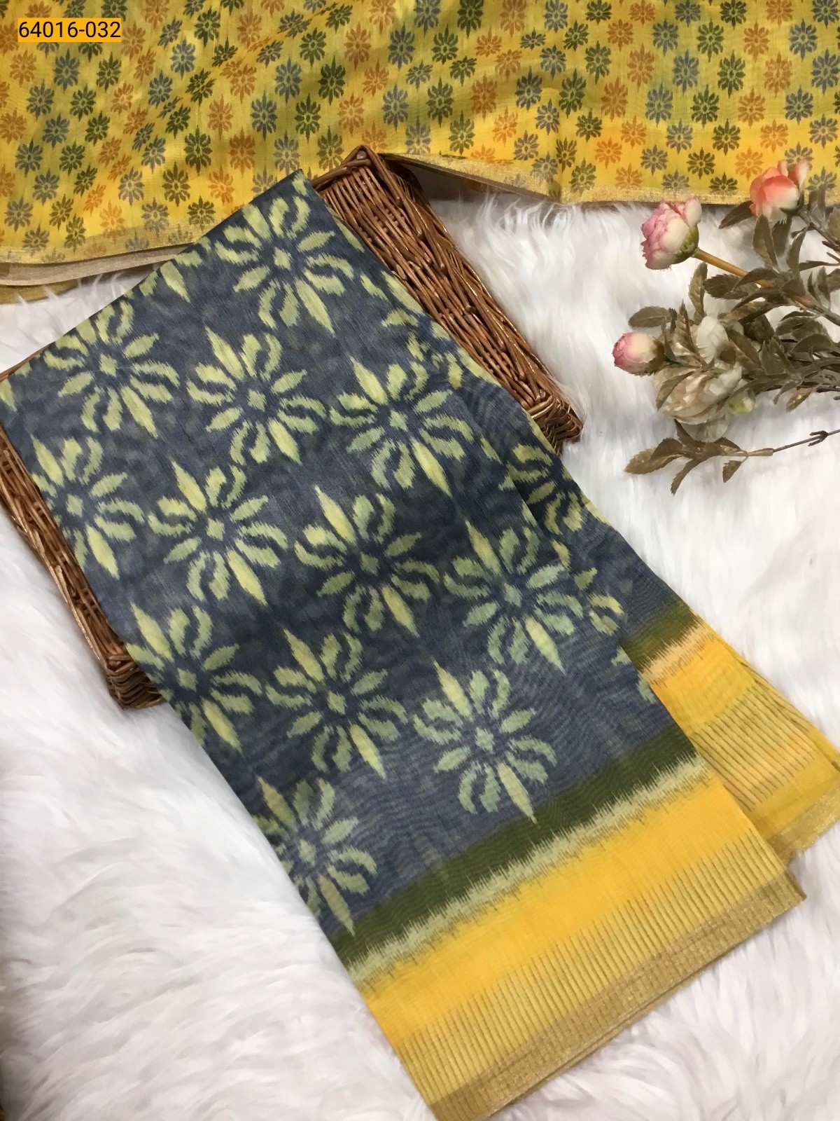 Blue Bagru Style Printed Fancy Linen Cotton Silk Blended Saree