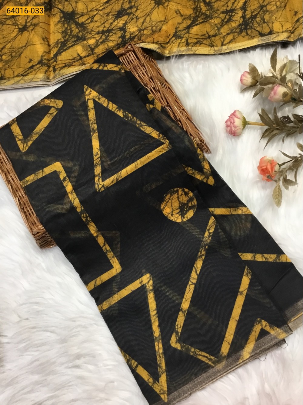Black Bagru Style Printed Fancy Linen Cotton Silk Blended Saree