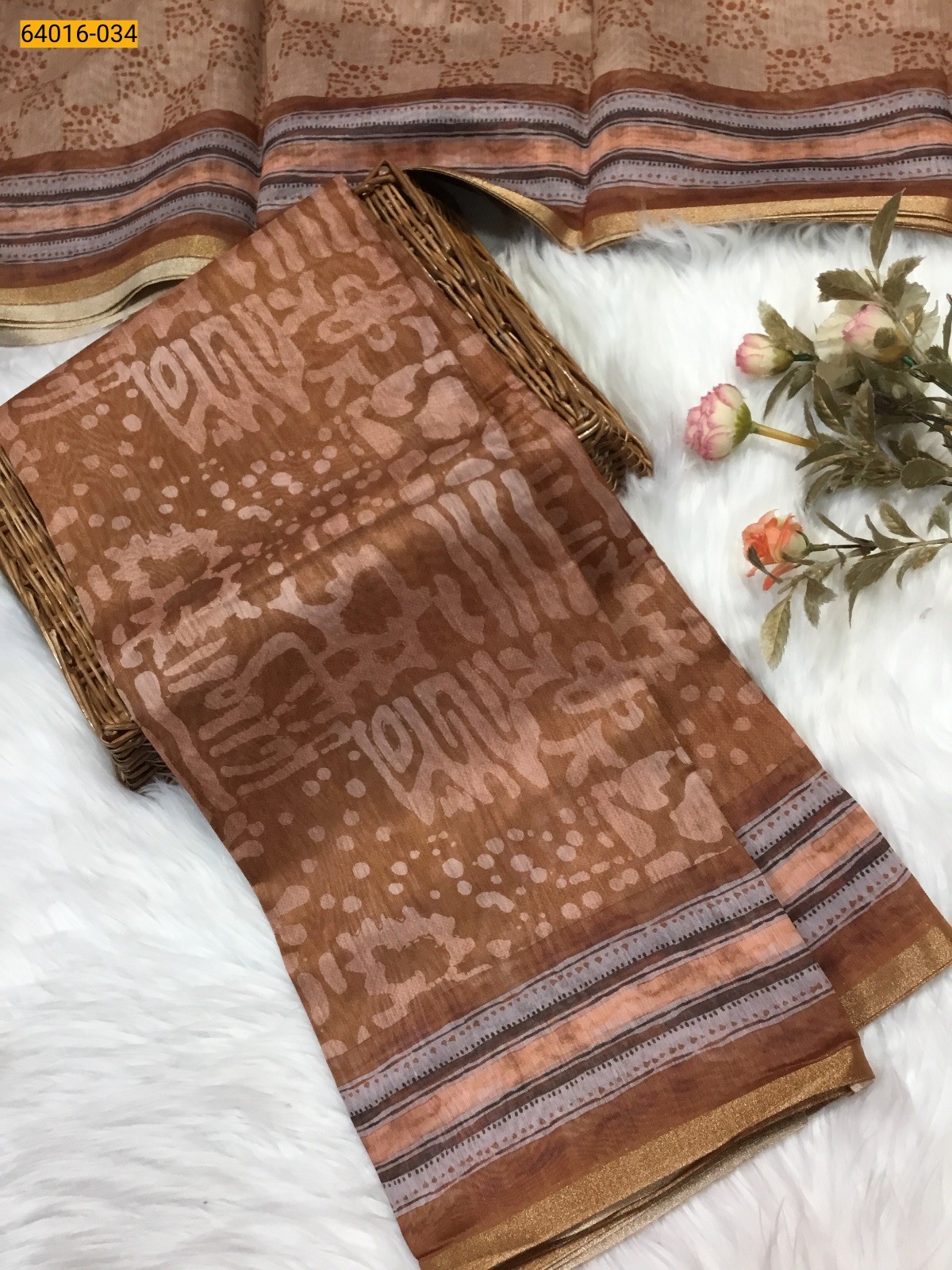 Brown Bagru Style Printed Fancy Linen Cotton Silk Blended Saree