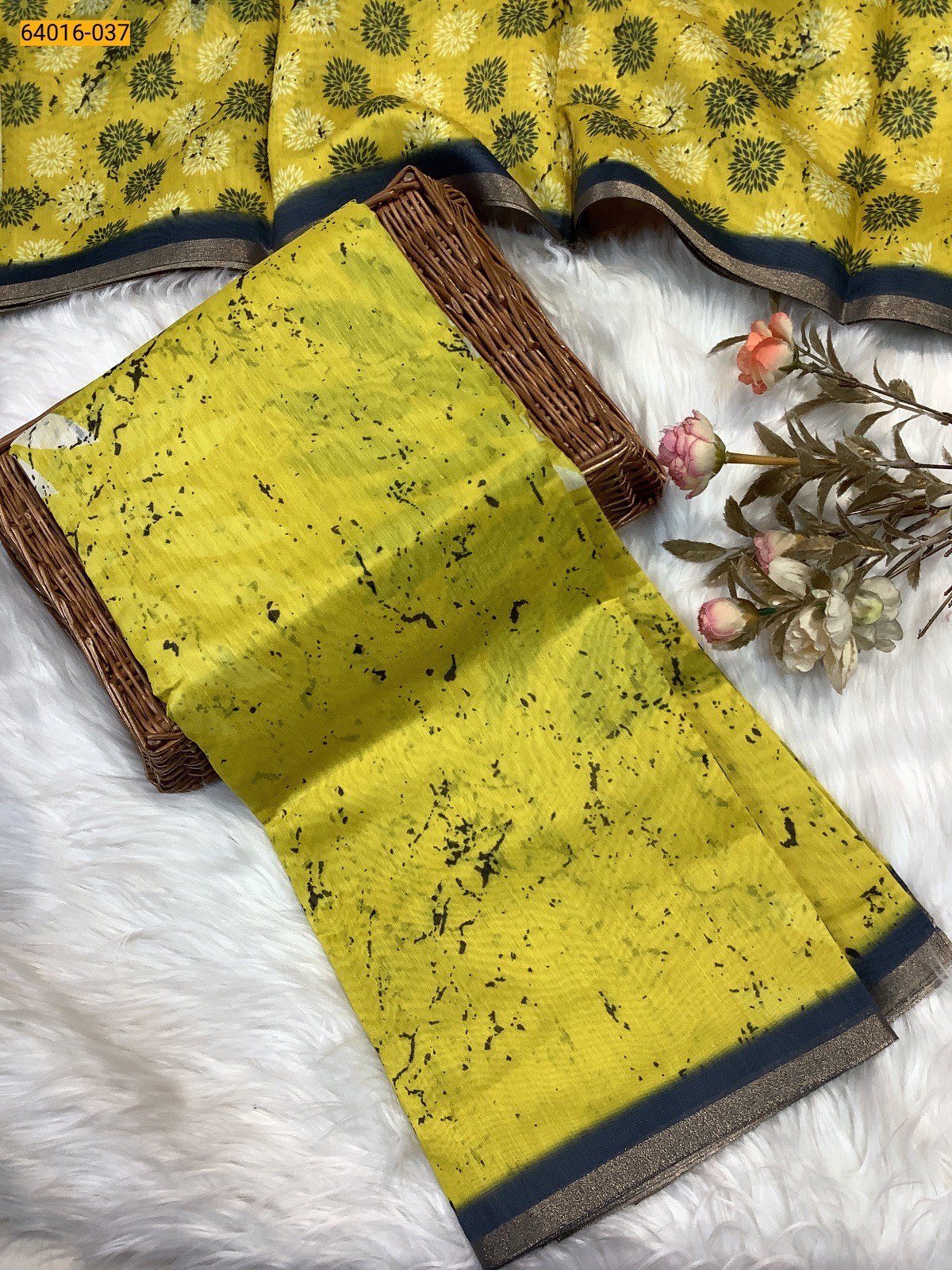 Lemon Green Bagru Style Printed Fancy Linen Cotton Silk Blended Saree