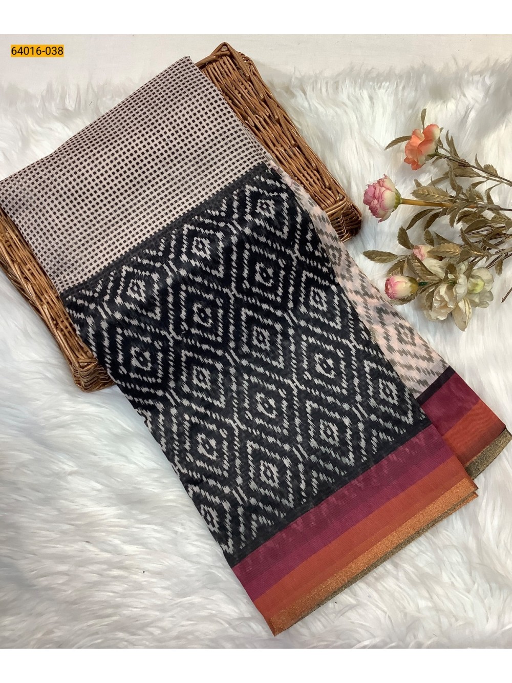 Black Bagru Style Printed Fancy Linen Cotton Silk Blended Saree