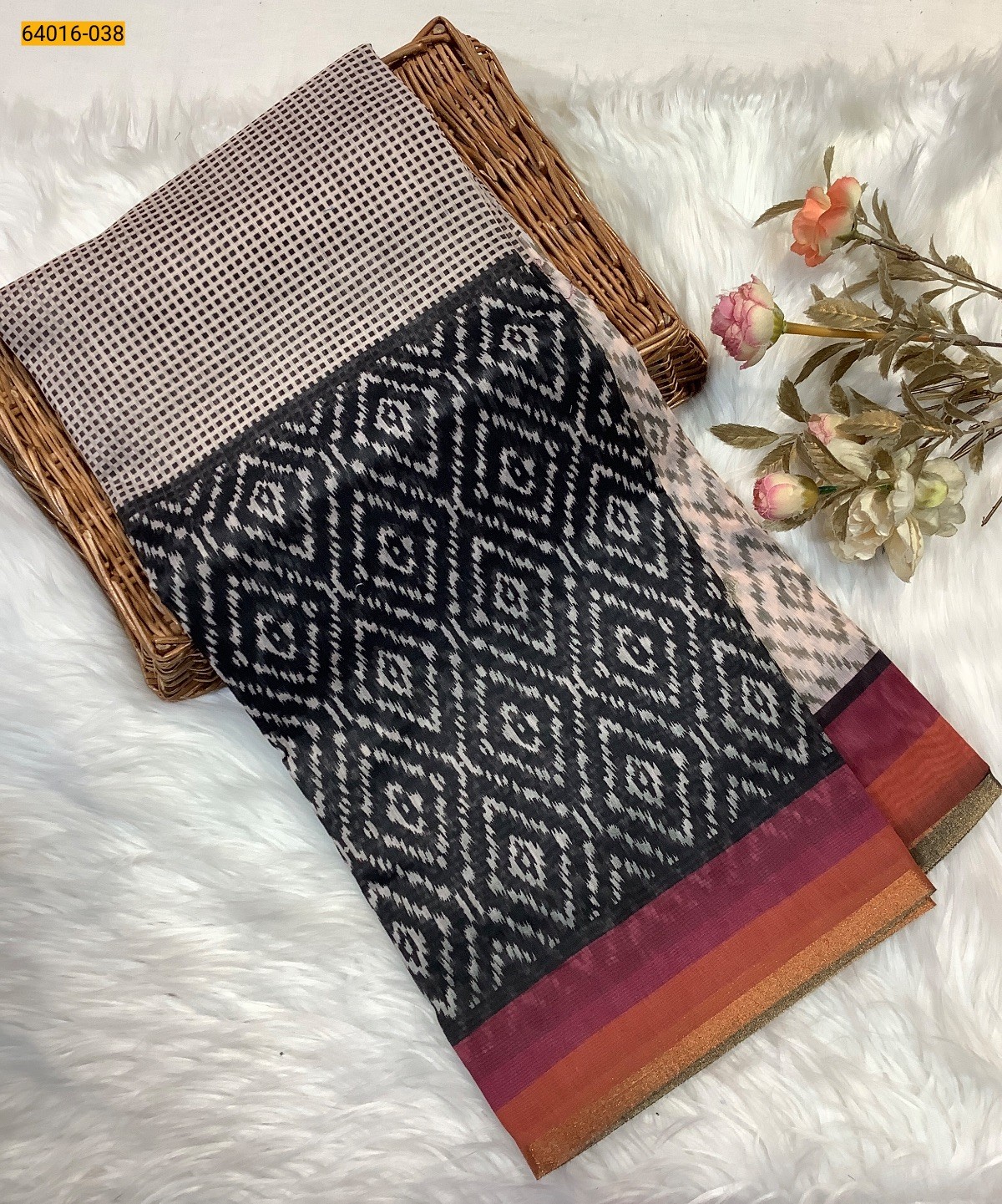 Black Bagru Style Printed Fancy Linen Cotton Silk Blended Saree