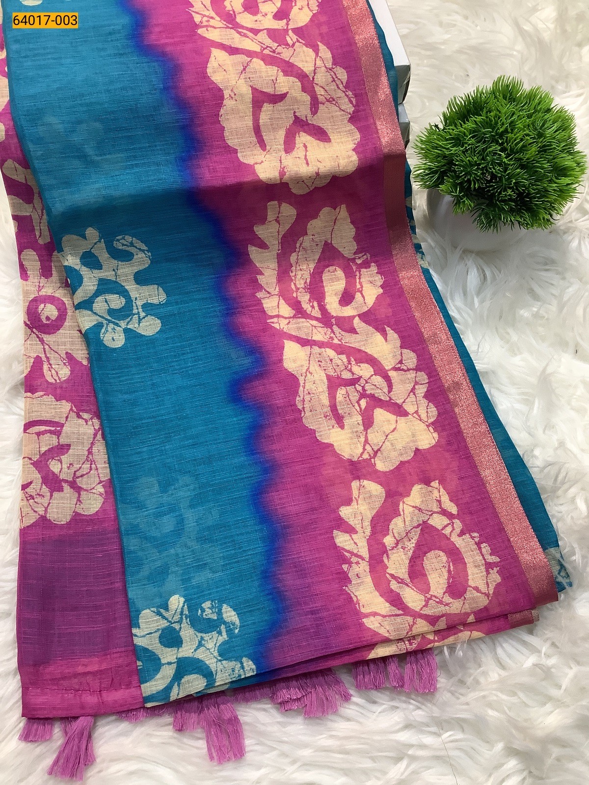 Blue With Pink Fancy Linen Cotton Silk Blended Saree