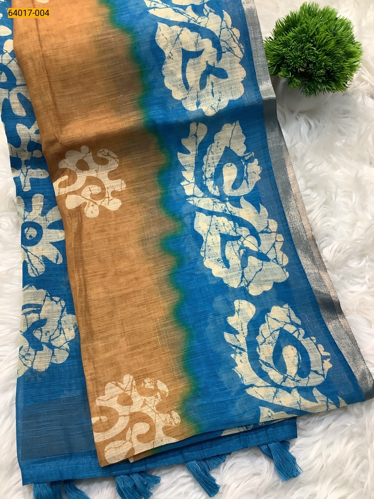 Yellow With Blue Fancy Linen Cotton Silk Blended Saree