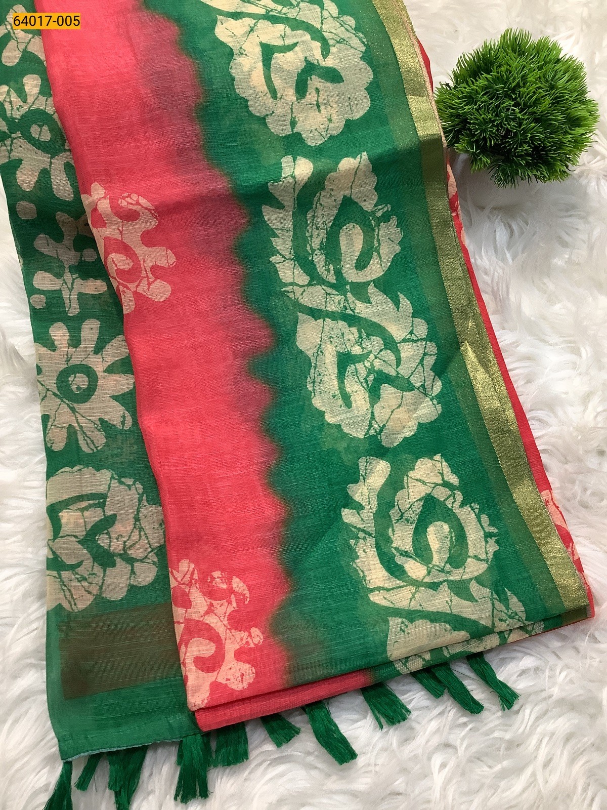 Pink With Green Fancy Linen Cotton Silk Blended Saree