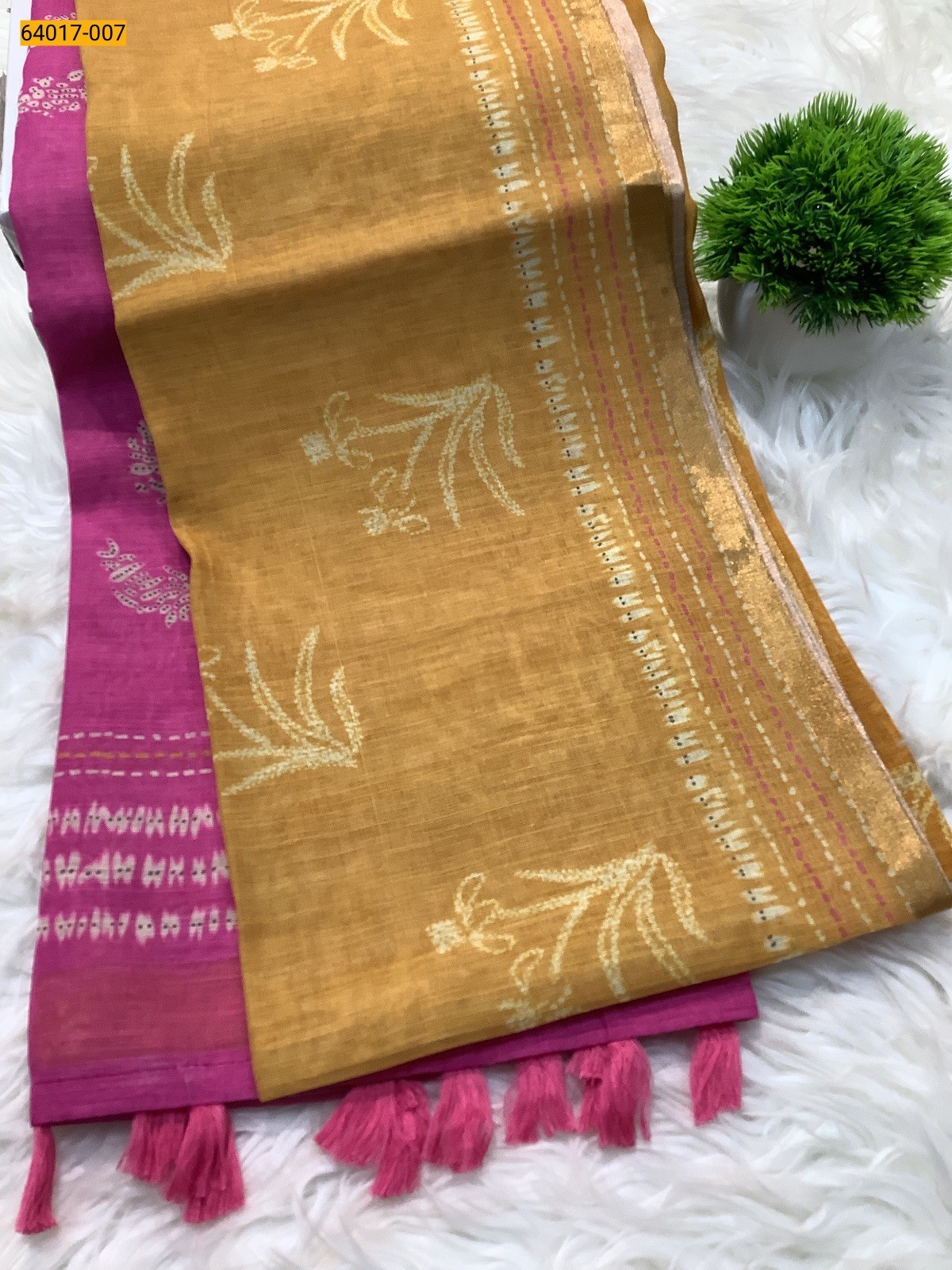 Yellow With Pink Fancy Linen Cotton Silk Blended Saree