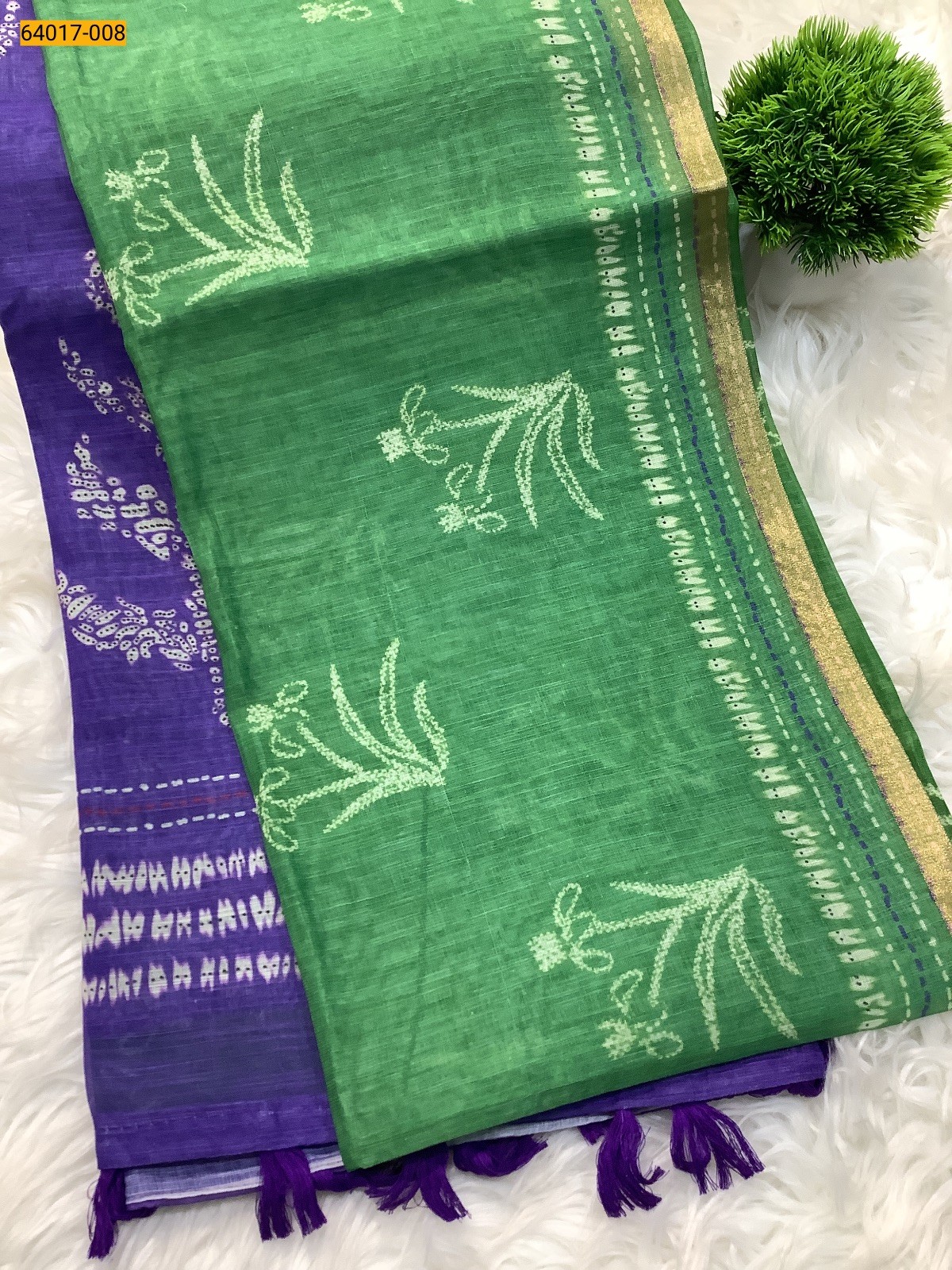 Green With Violet  Fancy Linen Cotton Silk Blended Saree