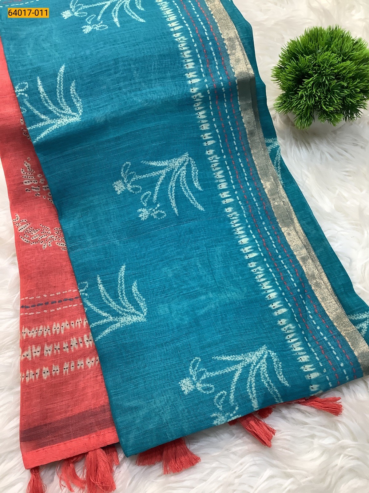 Blue With Orange Fancy Linen Cotton Silk Blended Saree