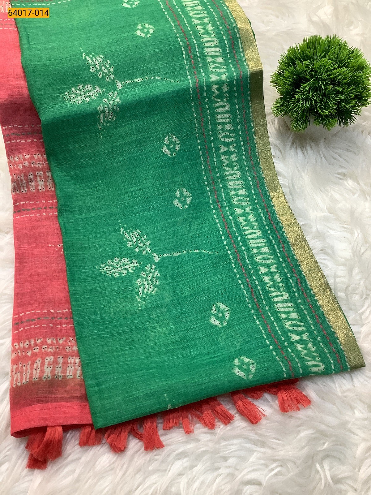 Green With Orange Fancy Linen Cotton Silk Blended Saree