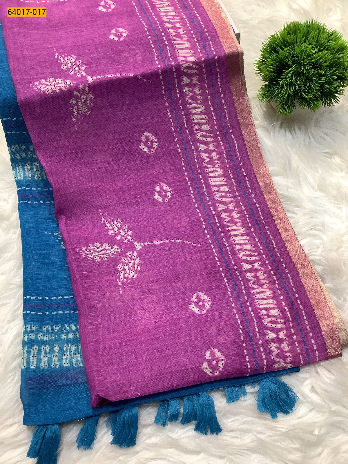 Pink With Blue Fancy Linen Cotton Silk Blended Saree