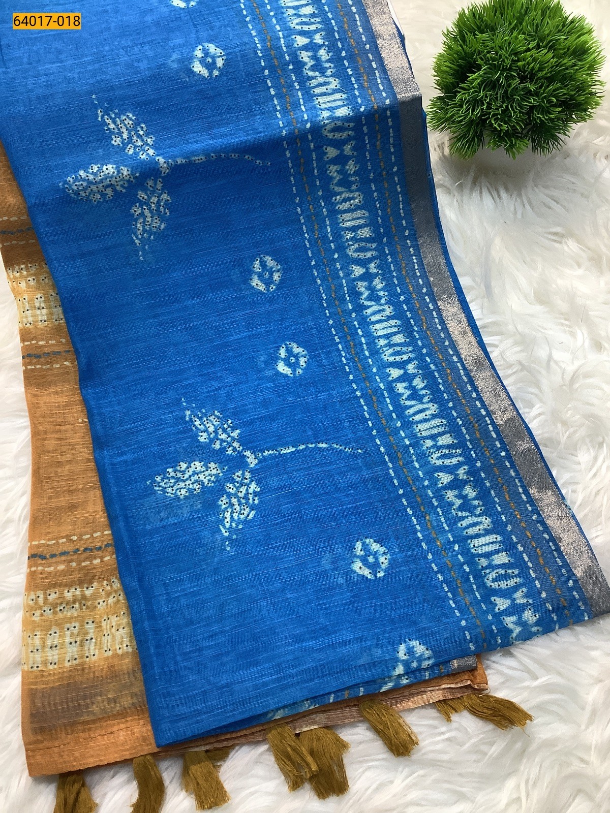 Blue With Mustard Fancy Linen Cotton Silk Blended Saree