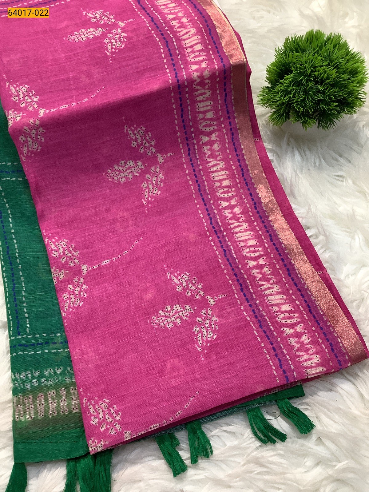 Rose With Green Fancy Linen Cotton Silk Blended Saree