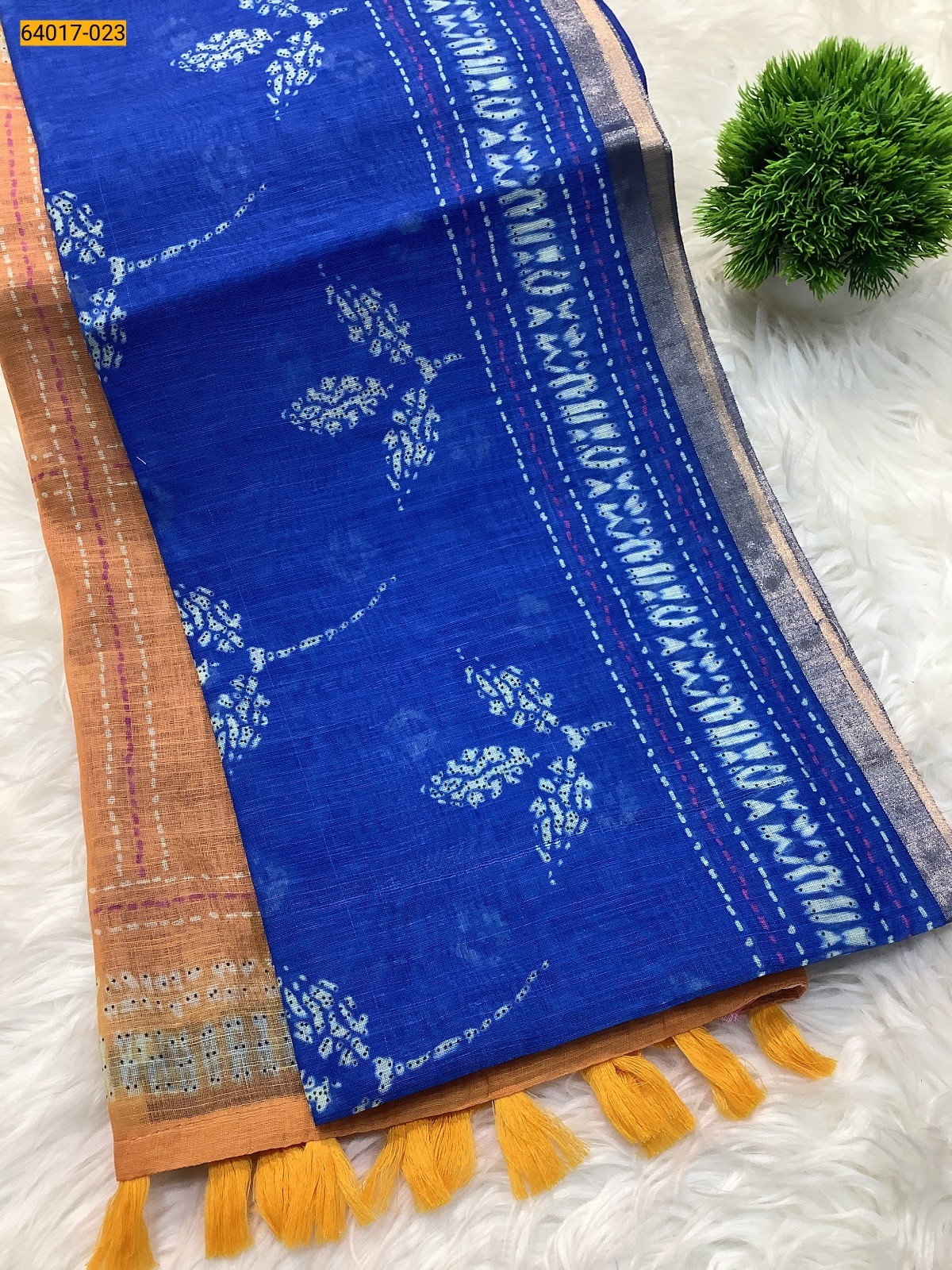 Blue With Mustard Fancy Linen Cotton Silk Blended Saree