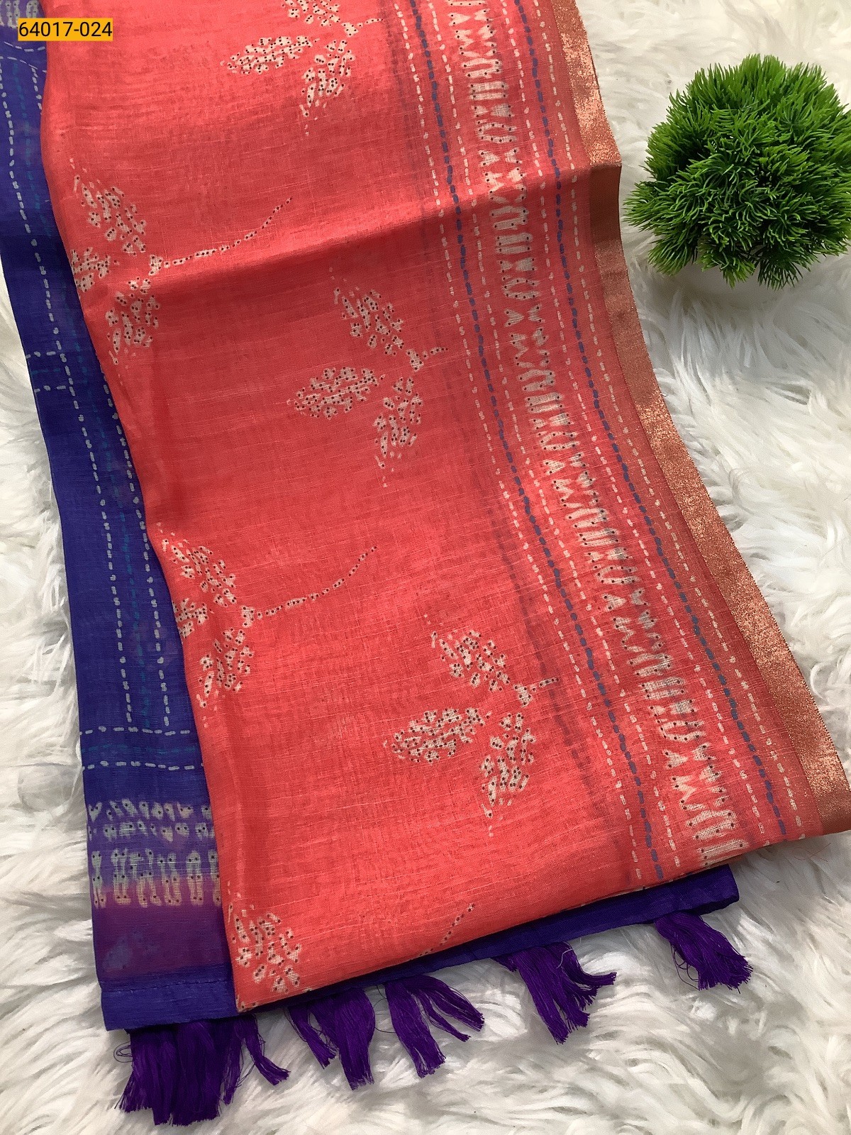 Orange With Violet Fancy Linen Cotton Silk Blended Saree