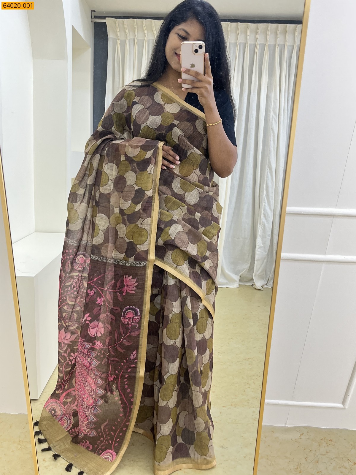 Brown Linen cotton printed sarees